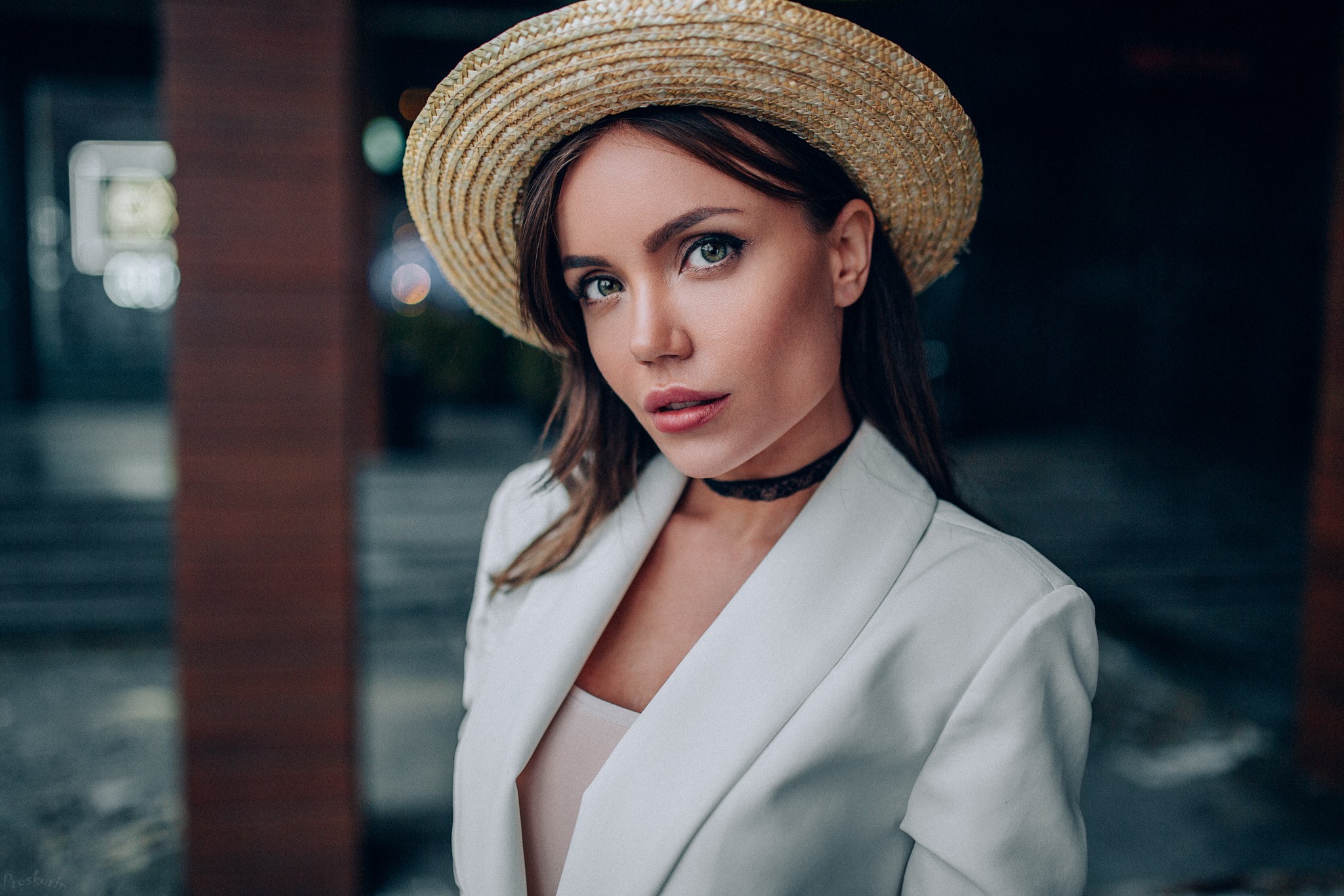 Women Brunette Hat Face Portrait Women Outdoors Wide Jaw Ivan Proskurin Paris Choker 2048x1366