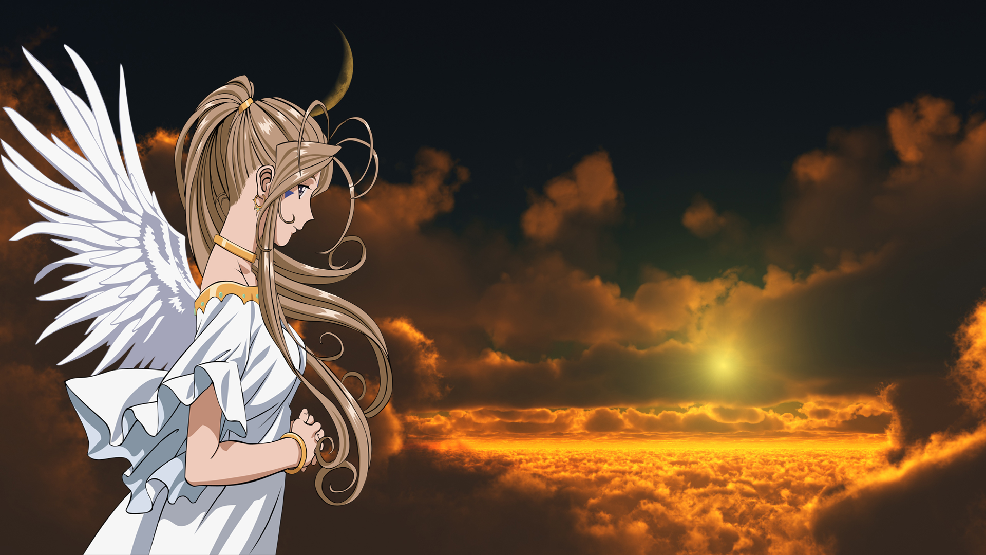 Belldandy Ah My Goddess Anime Girls Anime Brunette Wings Sky Long Hair 1920x1080