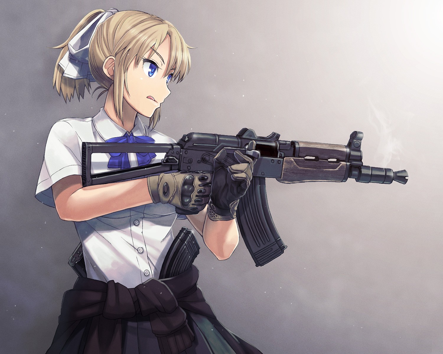 Anime Anime Girls Blonde Blue Eyes Gloves Gun Weapon Short Hair AKS 74U 1500x1200