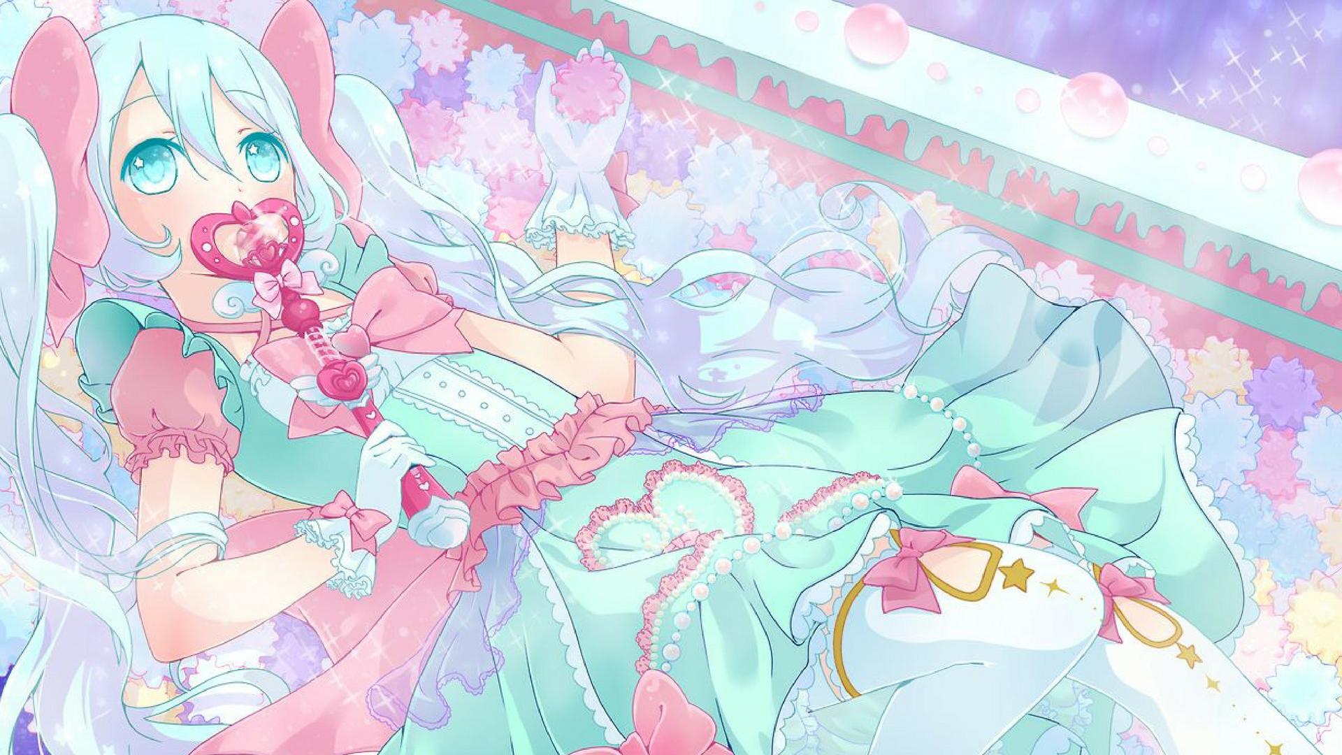 Anime Girls Twintails Wand Pastel Lolita Fashion Sparkles Pink 1920x1080