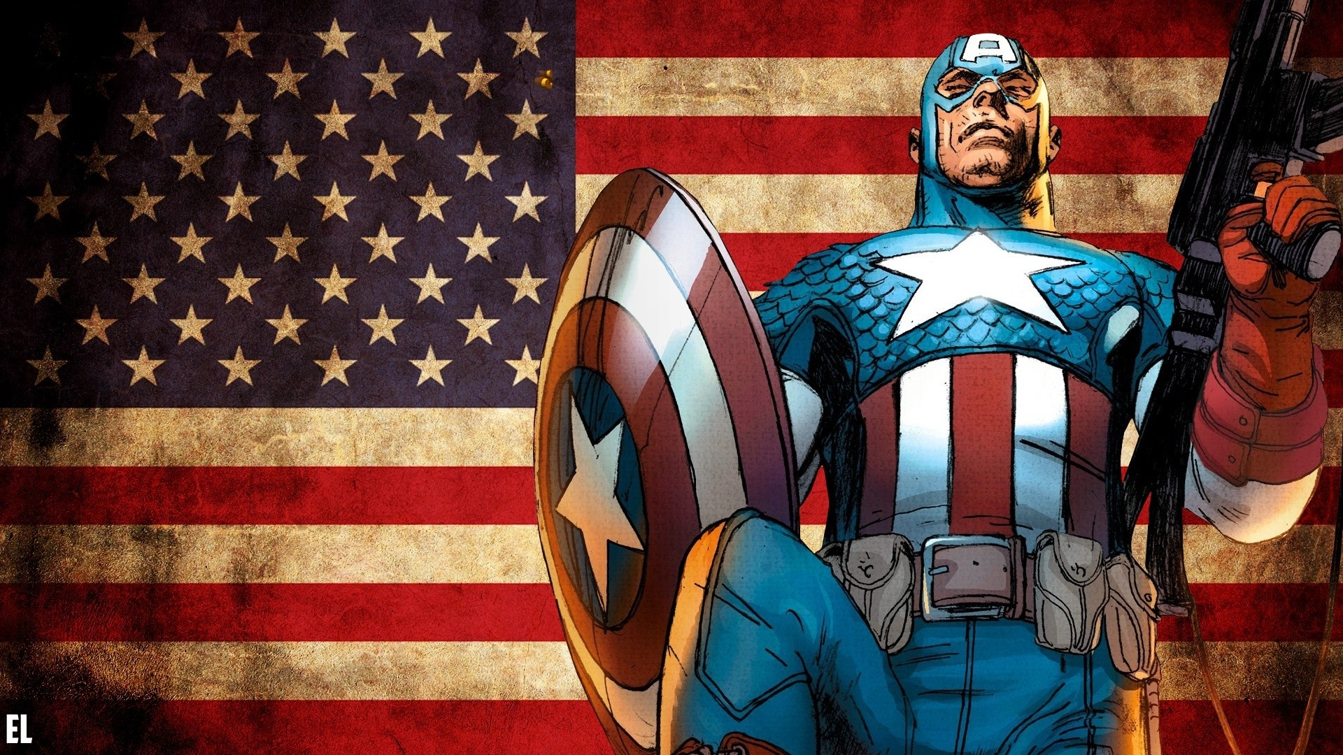 Captain America Comics Comic Art Superhero Flag Stars And Stripes American Flag Shield Weapon 1920x1080