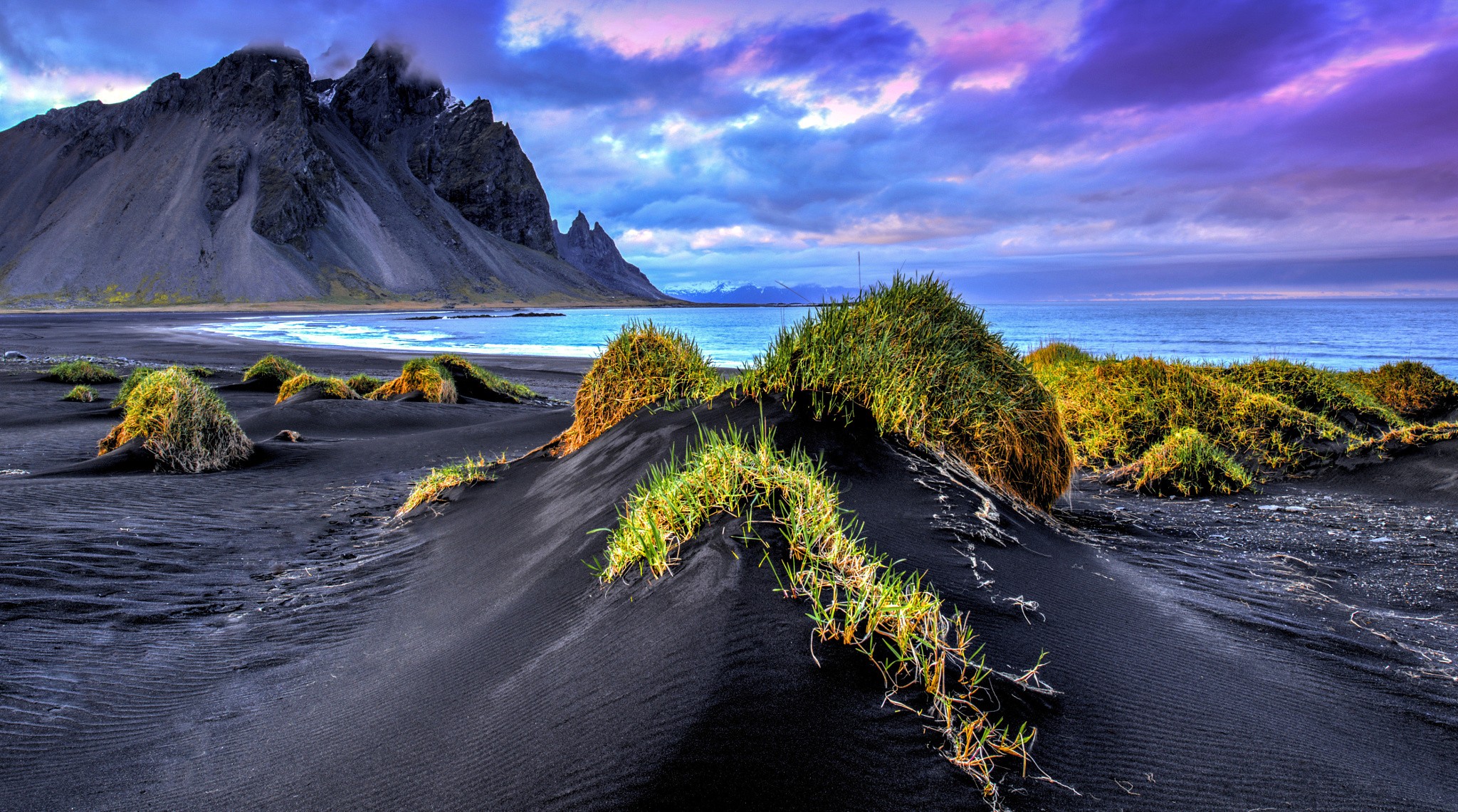 Black Sand Beach Iceland Sea Mountains Cliff Grass Clouds Nature Landscape Waves 2048x1141