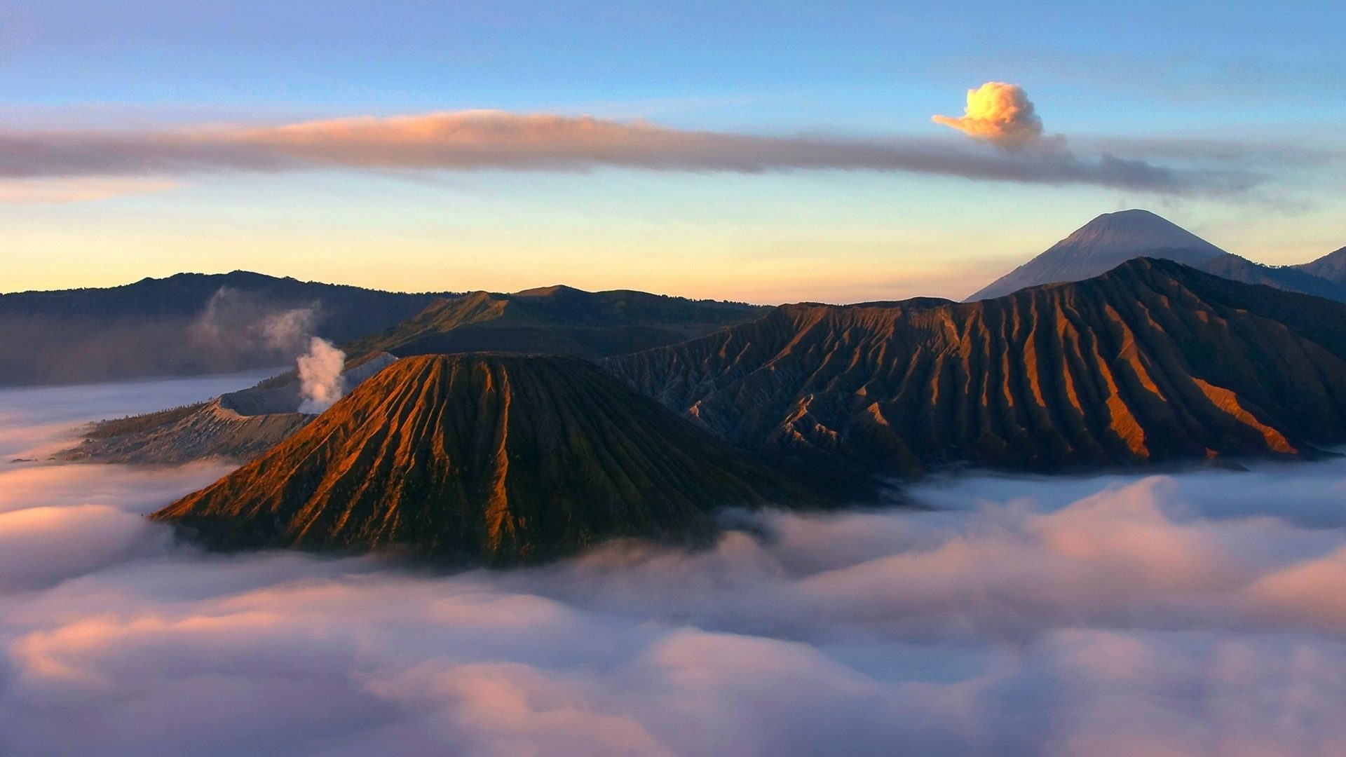 Volcano Clouds Landscape Nature Mount Bromo Indonesia 1920x1080