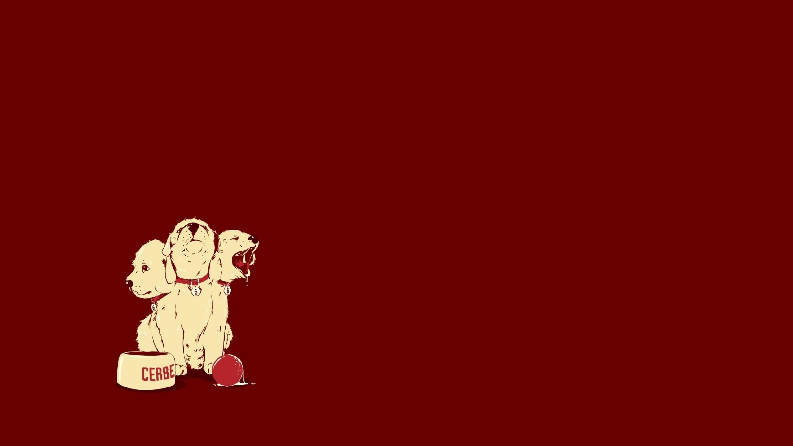 Cerberus Puppies Dog Red Background Simple Background 2560x1440