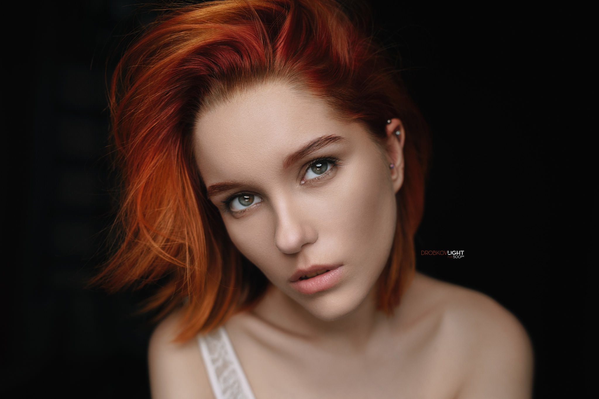 Women Face Redhead Portrait Piercing Pink Lipstick Alexander Drobkov Shoulder Length Hair Dyed Eyebr 2048x1365