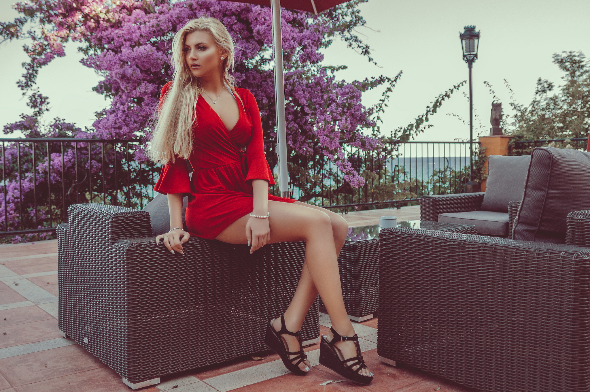 Women Blonde Red Dress Portrait Tanned Sitting Looking Away Women Outdoors Necklace Spanish Girls Sp 2048x1360