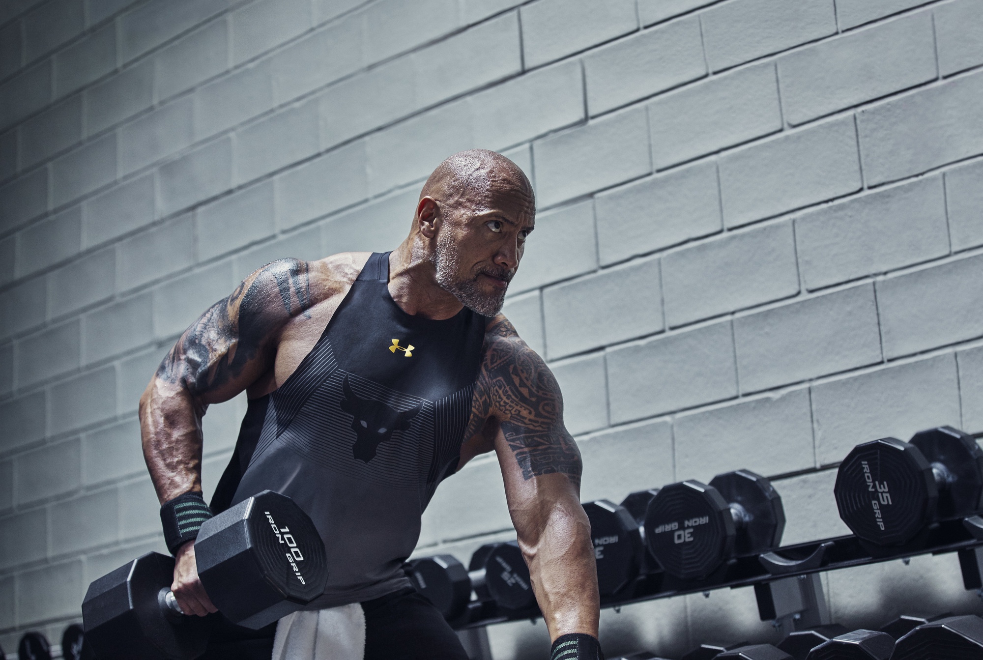 Dwayne Johnson Celebrity Muscles Working Out Men Tattoo Dumbbells Actor 2000x1343