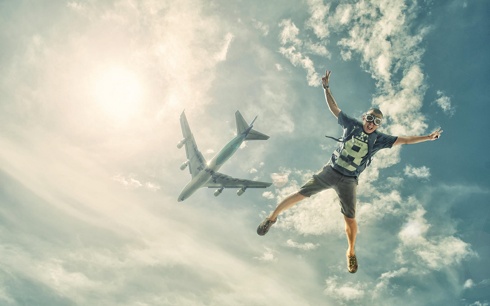 Landscape Jumping Airplane Sky Sun Clouds Skydiver Sports Aircraft Sky Men Clouds Jumping 1920x1200