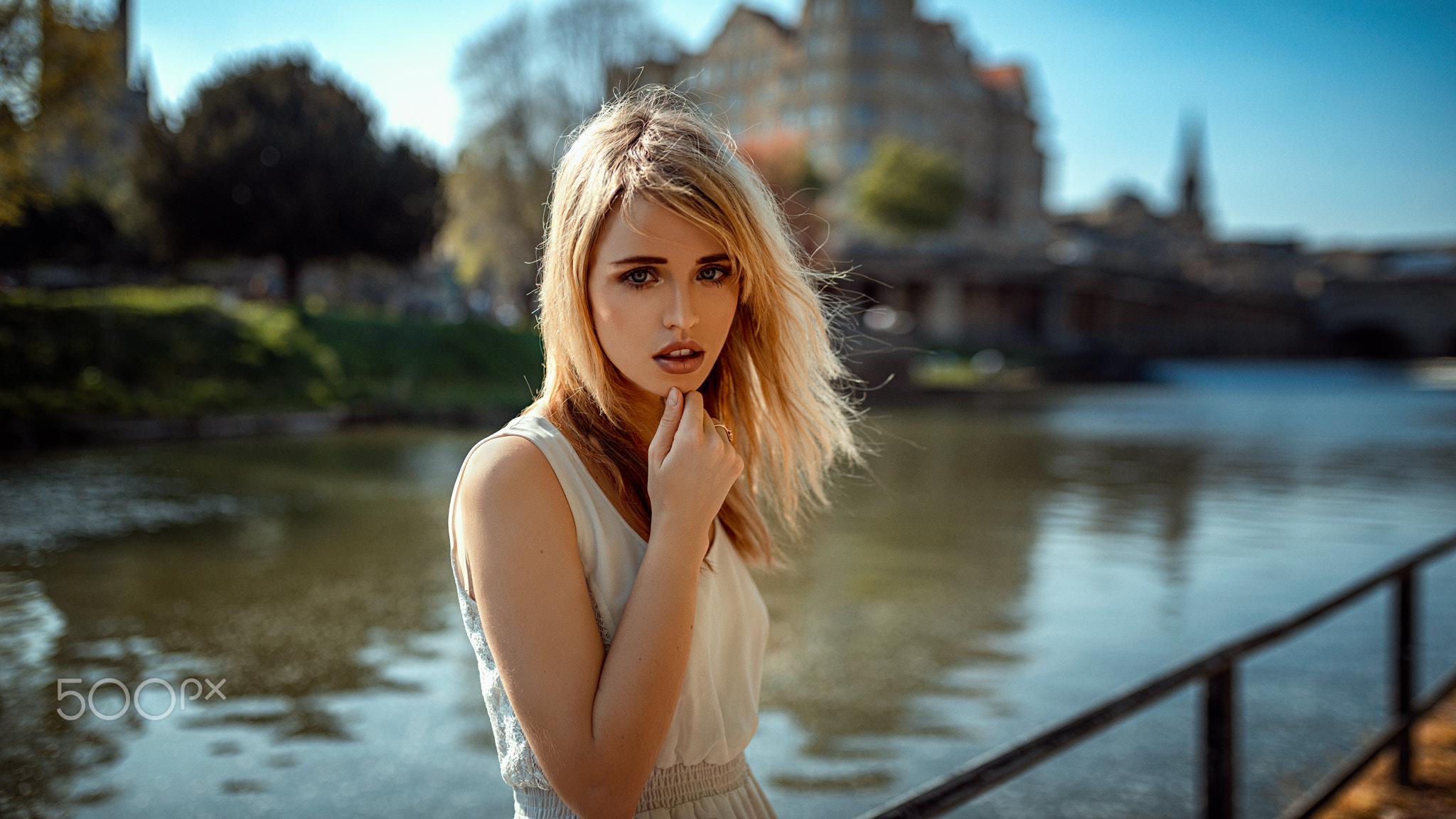 Women Blonde Face Long Hair Women Outdoors Blue Eyes Riverside Tanned River Dress Portrait Oliver Gi 2048x1152
