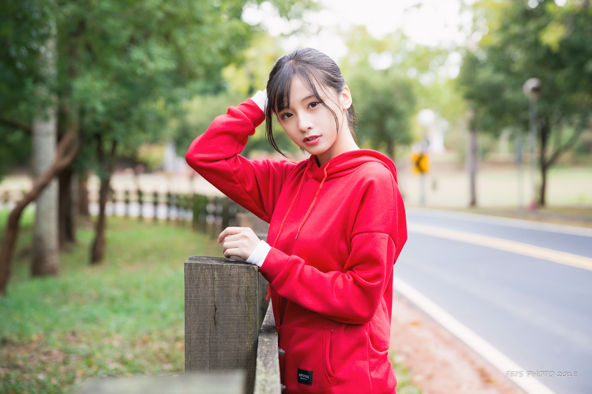 Women Model Asian Brunette Looking At Viewer Women Outdoors Street Sweatshirts Red Sweatshirt Depth  2048x1365