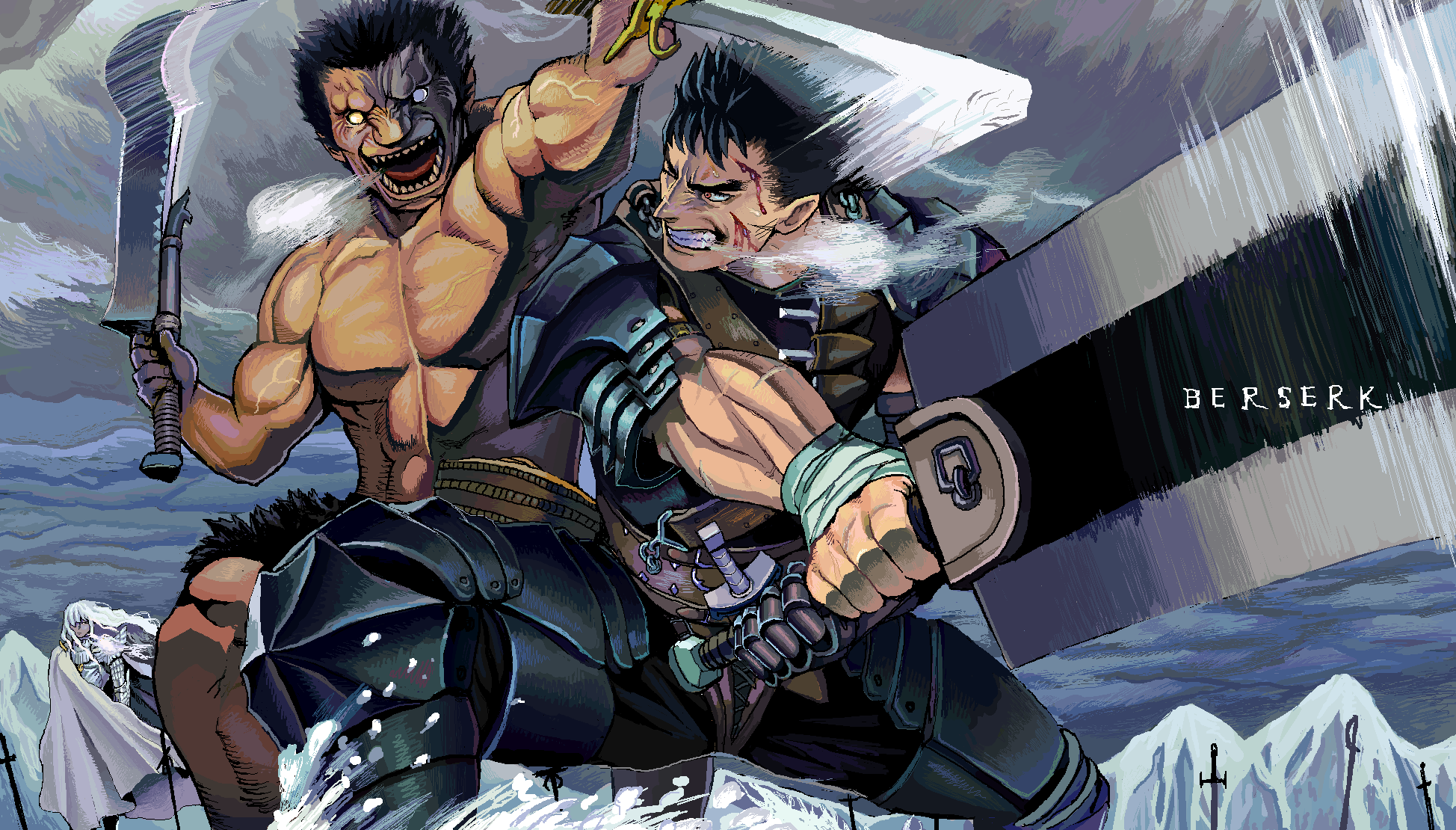 Berserk Anime Boys Guts Zodd Sword Black Swordsman Fighting 2D Fan Art Armor Open Mouth Black Hair 1948x1110
