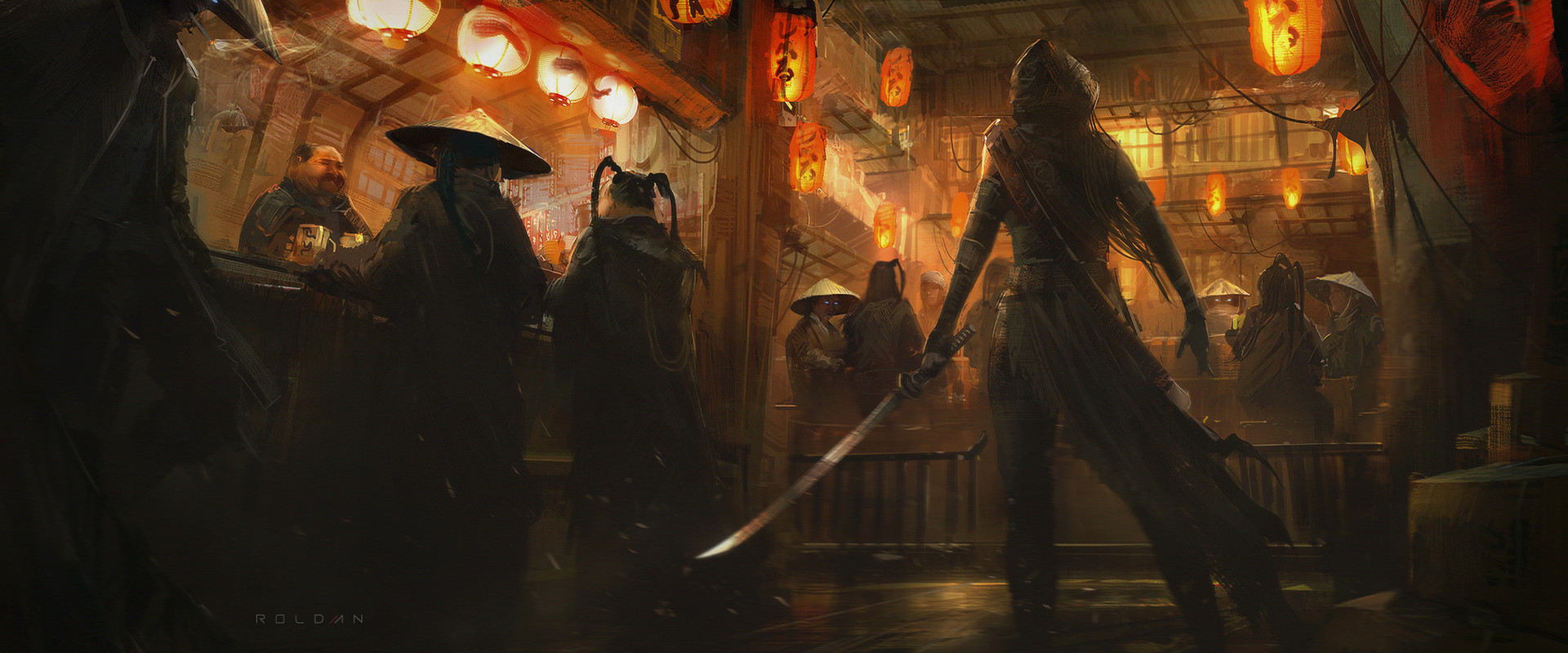 Artwork Science Fiction Environment Lamp Bar Warrior Assassins Katana Sword Weapon Concept Art Drawi 1920x800