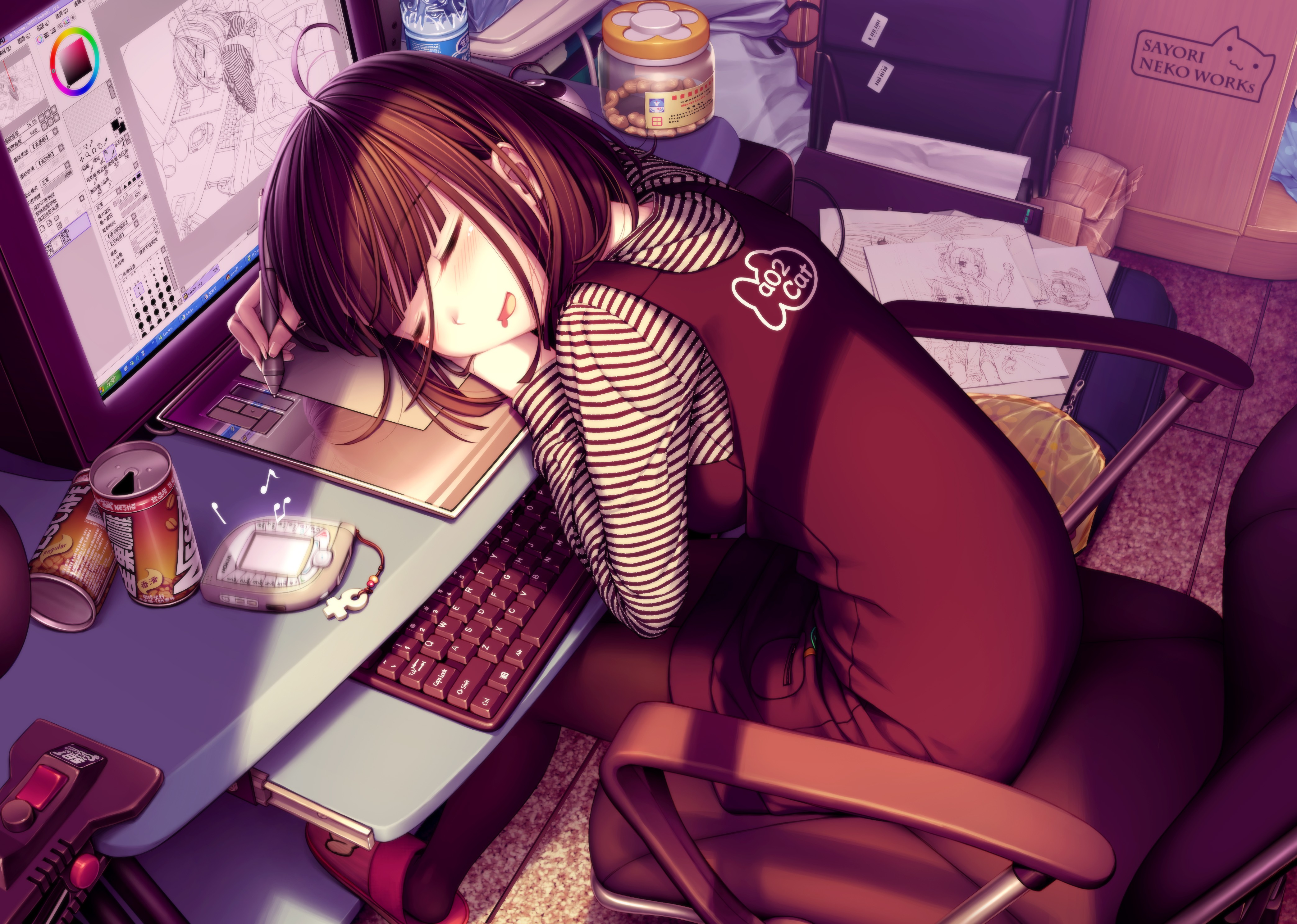 Anime Girls Sayori Brunette Computer Graphics Tablets Sleeping Chair Anime Girls Anime Digital Art P 4175x2976