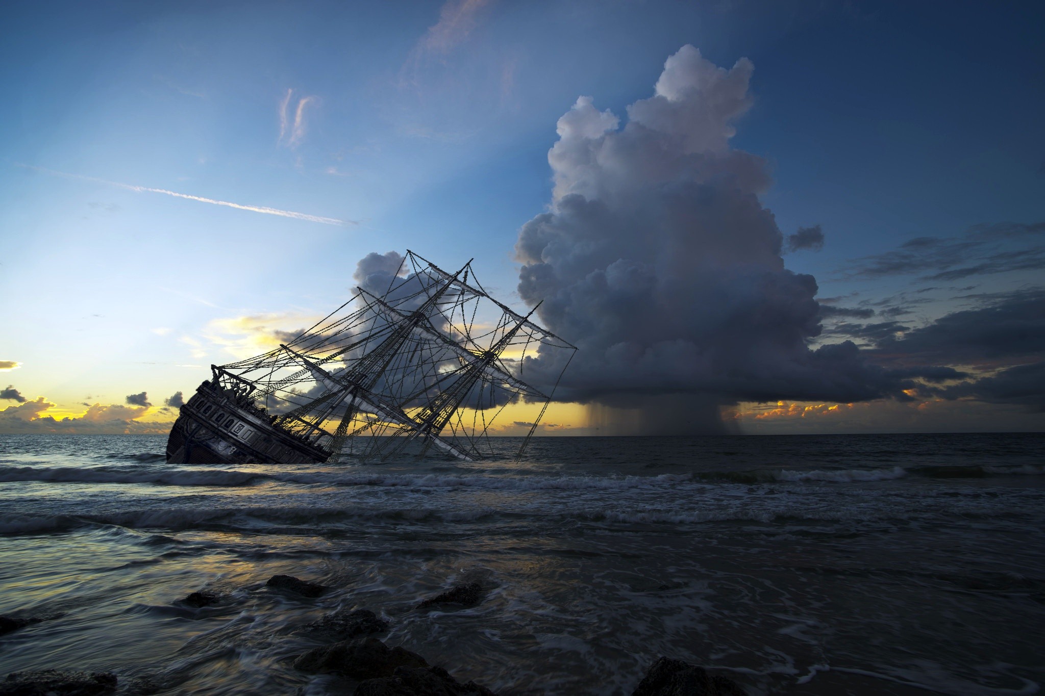 Sky Horizon Sea Sailing Ship Sinking Ships Digital Art 2048x1365