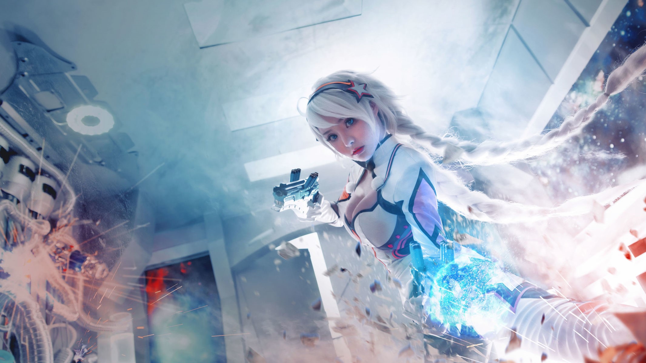 Cosplay Kiana Kaslana Effects Silver Hair Gunz Asian Blue Eyes Futuristic Women Honkai Impact 2132x1199