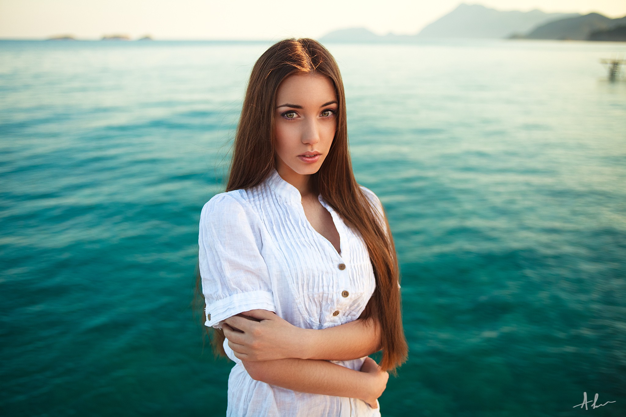 Women Model Face Portrait Sea Kirill Averyanov White Shirt Brunette Long Hair 2048x1365