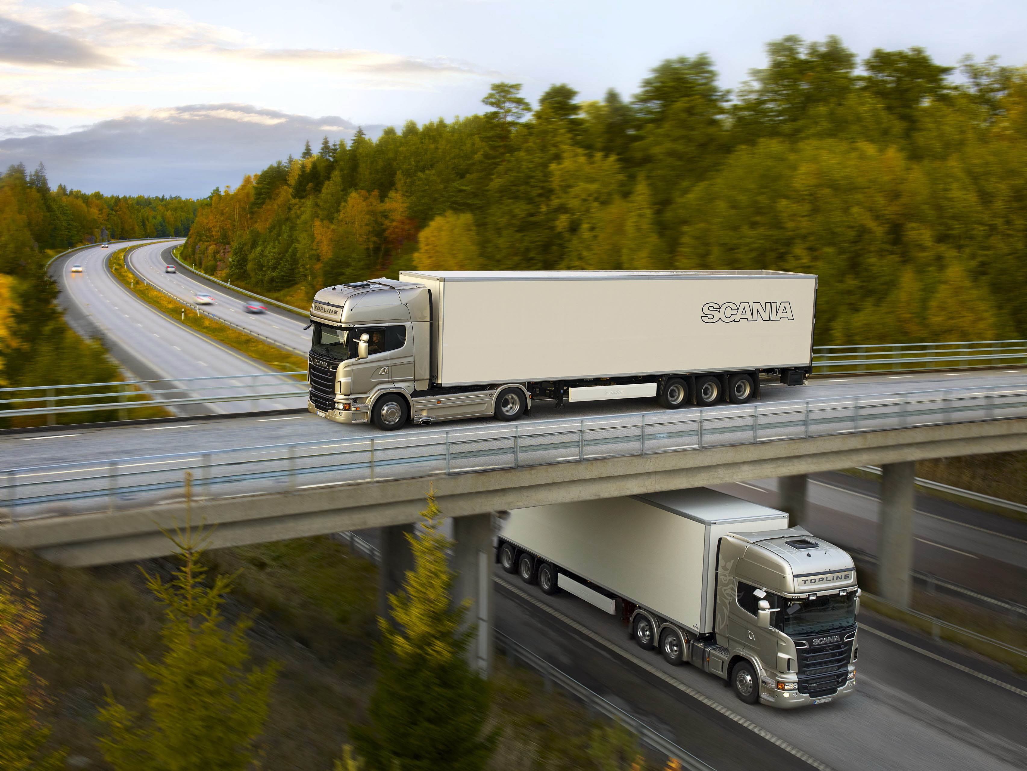 Vehicle Road Silver Trees Traffic Overpass Truck 3410x2562
