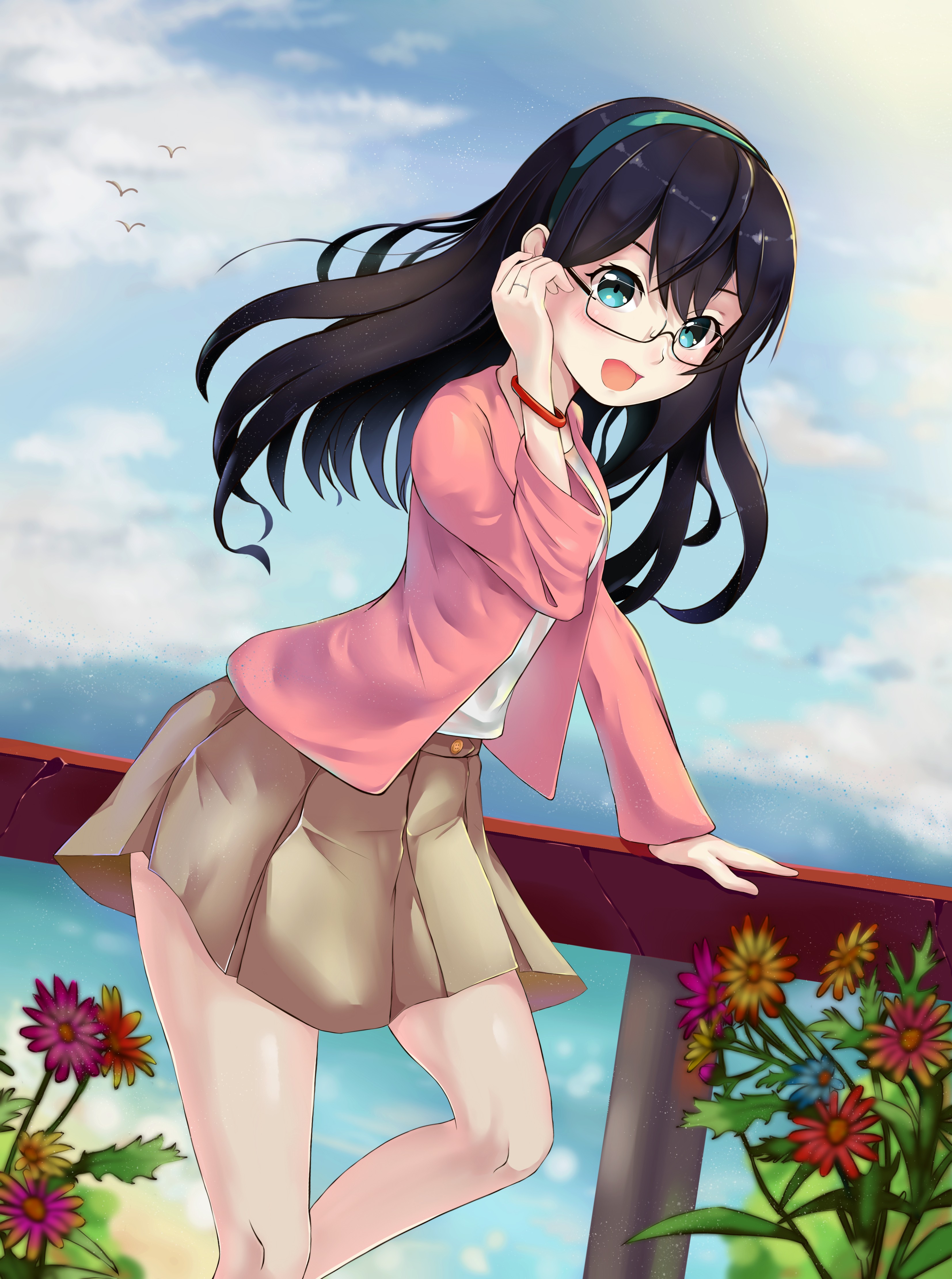 Anime Anime Girls Kantai Collection Ooyodo KanColle Long Hair Glasses Flowers 3307x4444