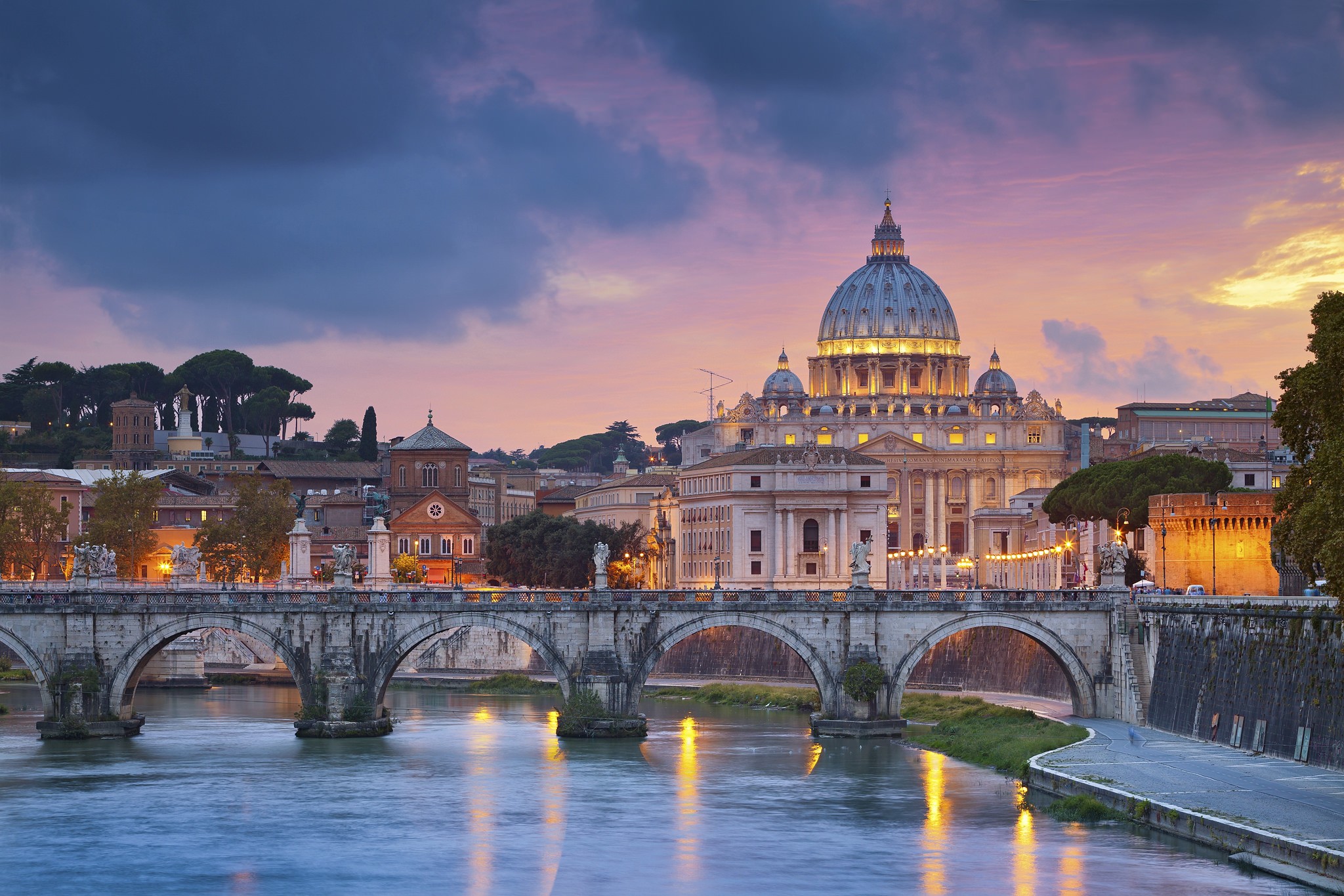 Rome Italy Vatican City Cathedral Church River Bridge Evening Lights Sky Clouds Building Old Buildin 2048x1365