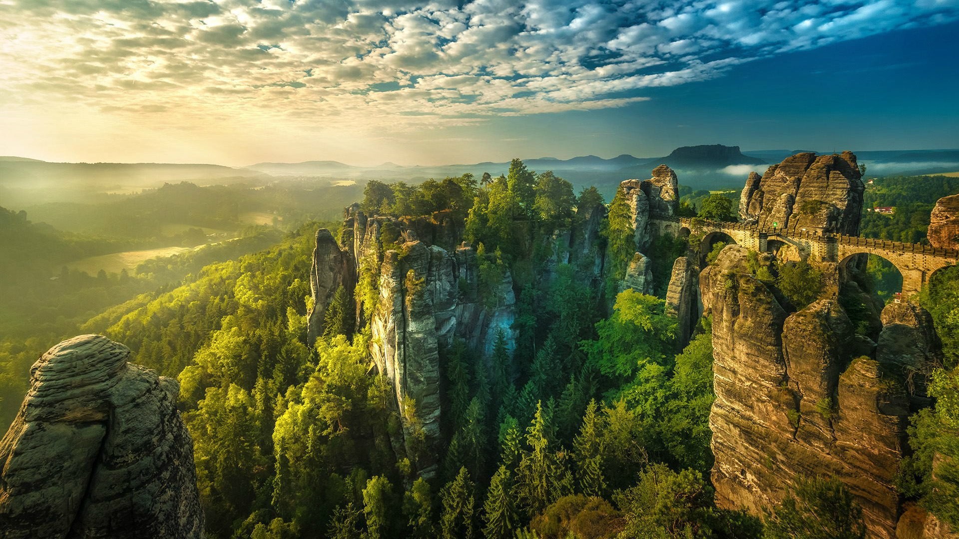 Sunset Germany Saxon Switzerland Forest Landscape Clouds Hills Mist Cliff Valley Bridge Bastei Natur 1920x1080