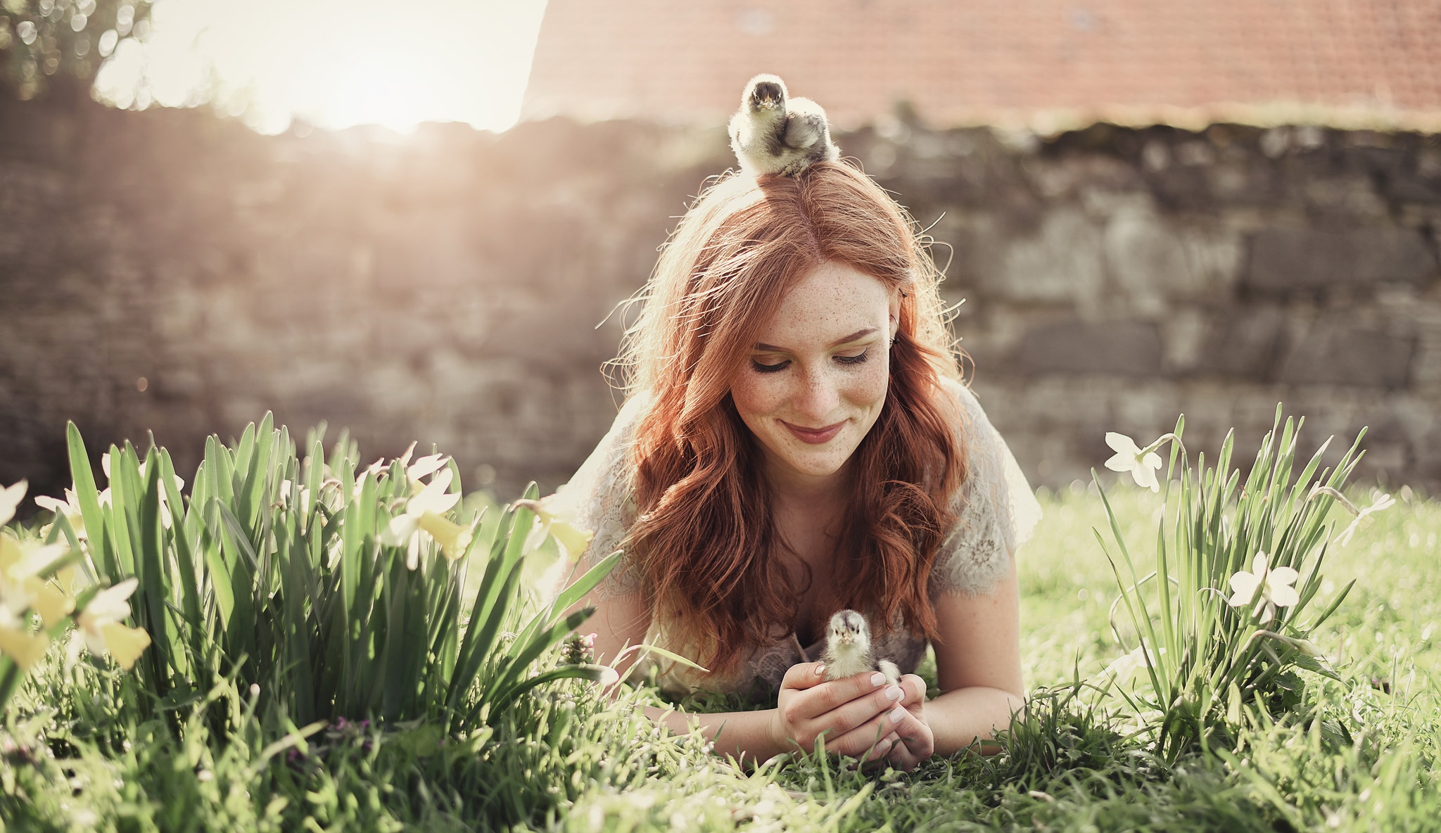 Woman Model Girl Redhead Smile Freckles Sunny Mood Lying Down Grass Animal Baby Animal Chick 2048x1184
