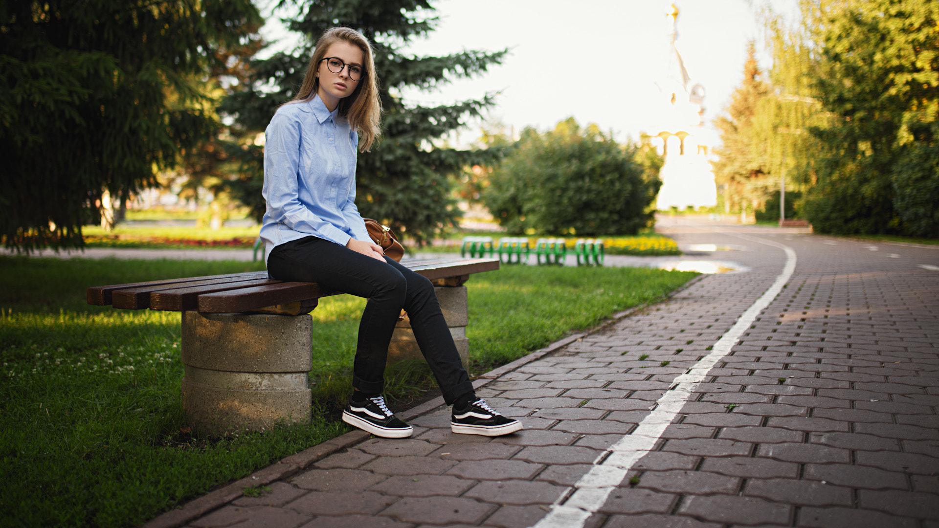 Women Bench Sneakers Sergey Fat Jeans Women Outdoors Women With Glasses Shirt Park Sitting Ksenija K 1920x1080