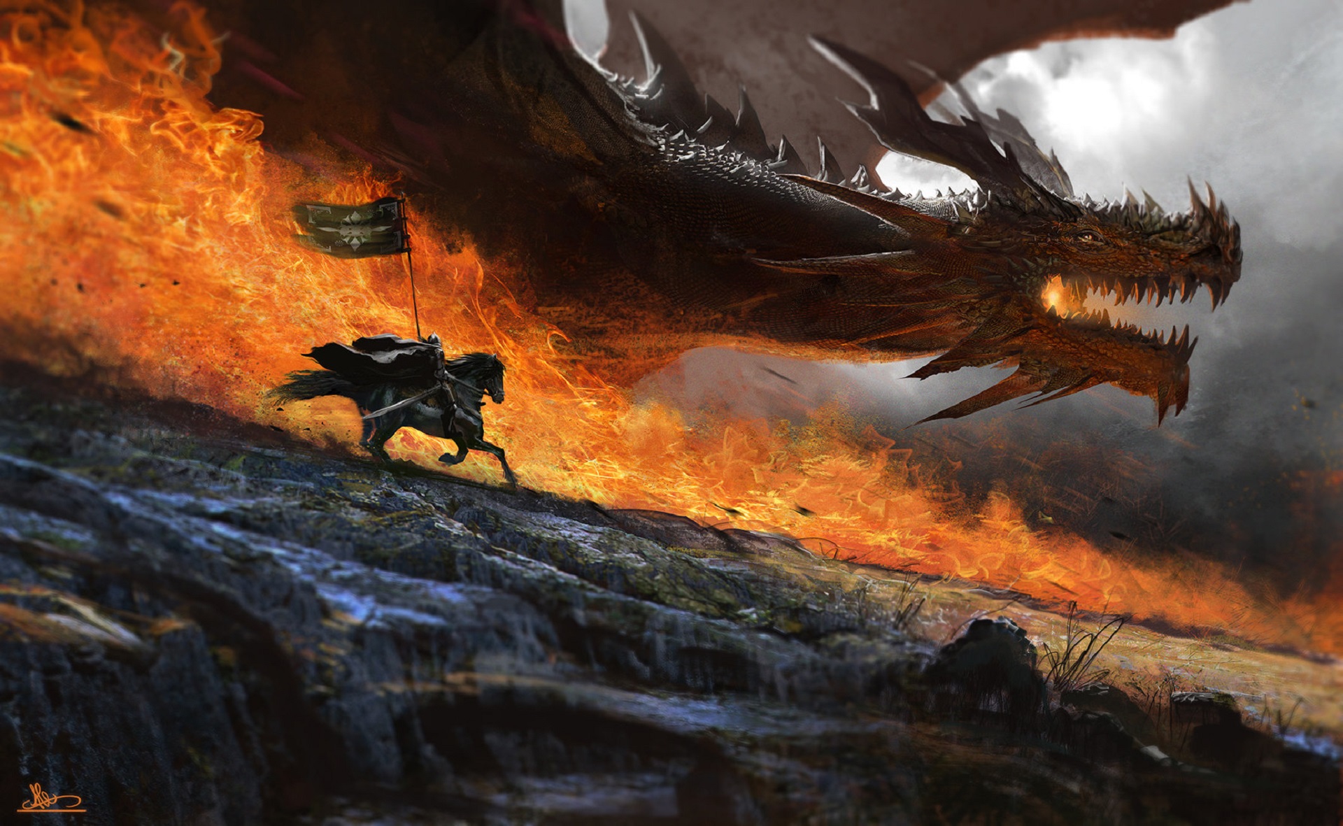 Digital Art Soldier Dragon Fire Warrior Horse Flag Knight Fantasy Art Alejandro Olmedo 1920x1181