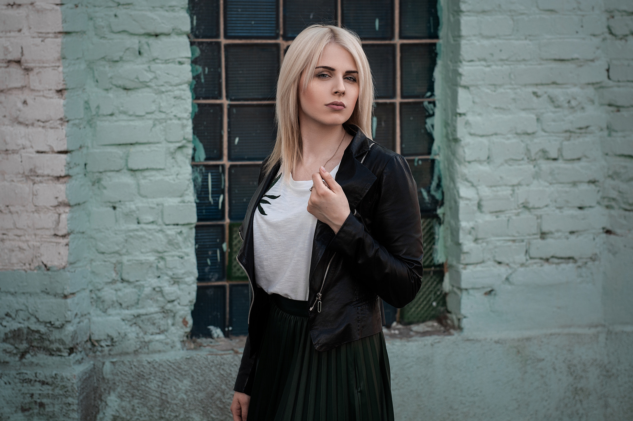 Women Blonde Skirt Women Outdoors Long Hair Leather Jackets Standing Face Portrait Andrey Vechkenzin 2048x1365
