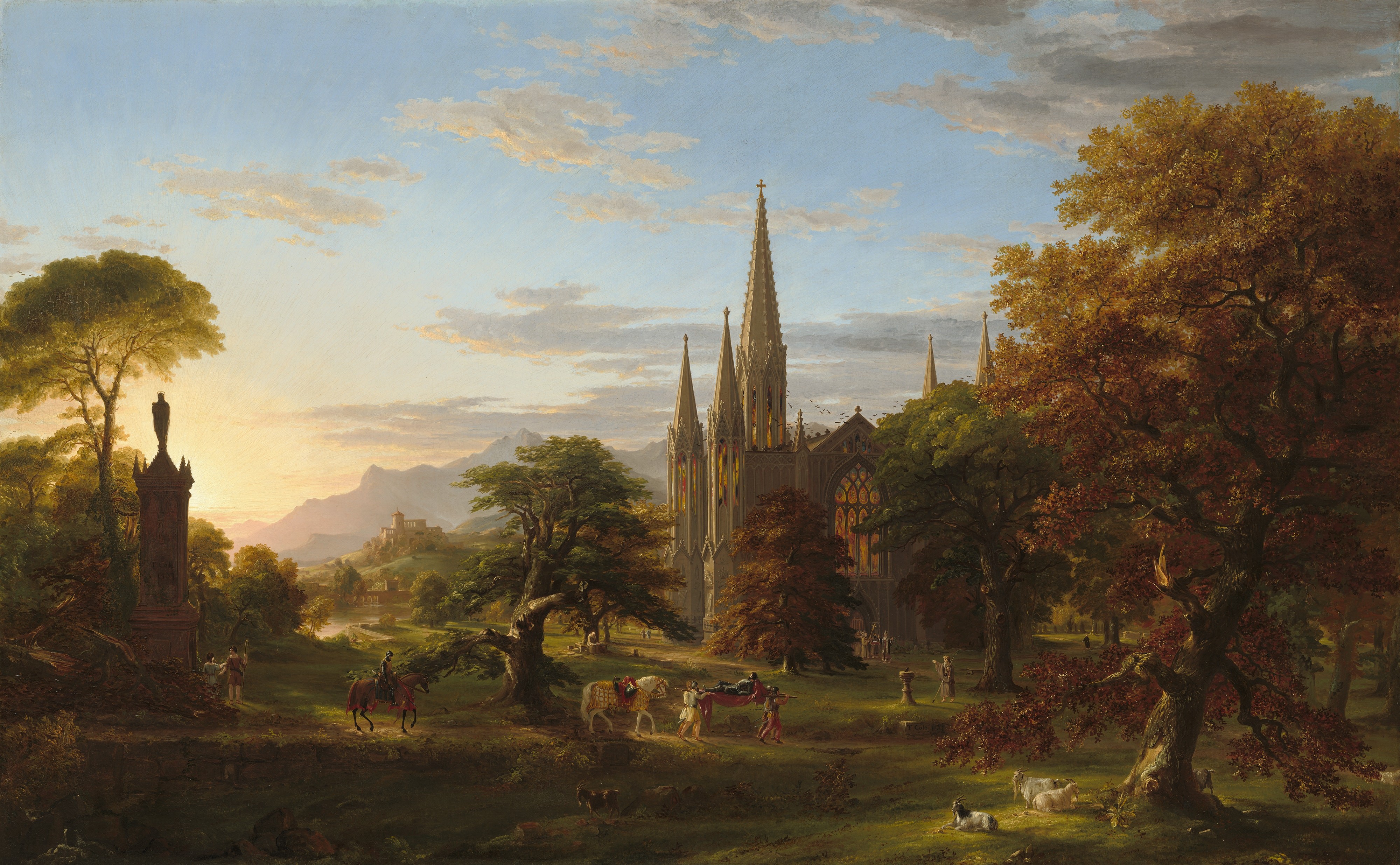 Nature Landscape Painting Artwork Trees Forest Clouds Thomas Cole Cathedral Knight Horse Tower 4000x2472