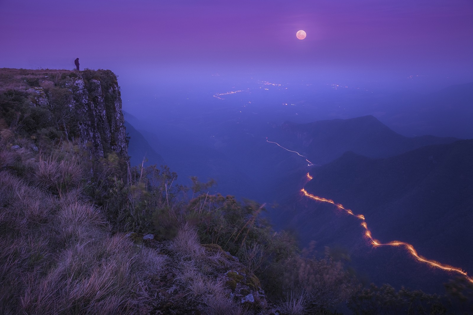 Landscape Nature Road Lights Moonlight Shrubs Mountains Mist Cliff Moon Valley Brasil 1600x1067