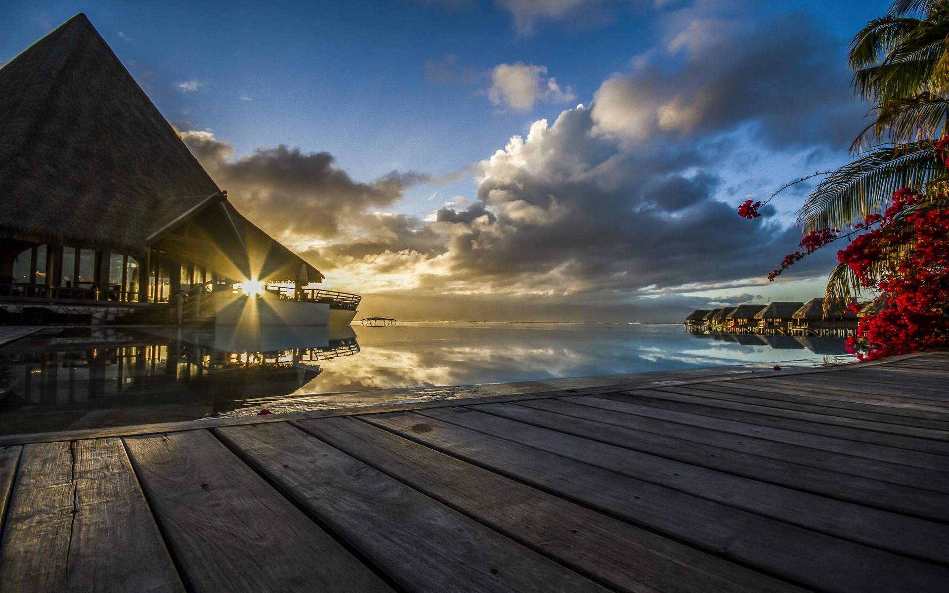 Sunset Tahiti French Polynesia Resort Sea Tropical Nature Palm Trees Sun Rays Walkway Bungalow Flowe 1920x1200