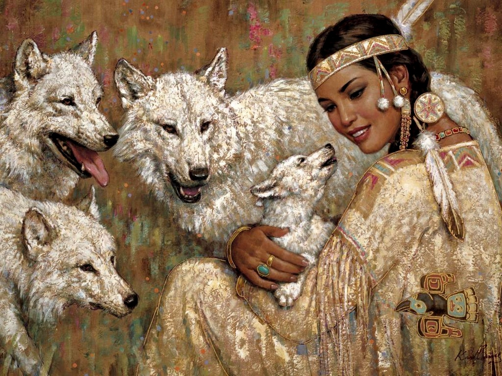 Wolf Native Americans Cubs Feathers Brunette Tanned Smiling 1600x1200