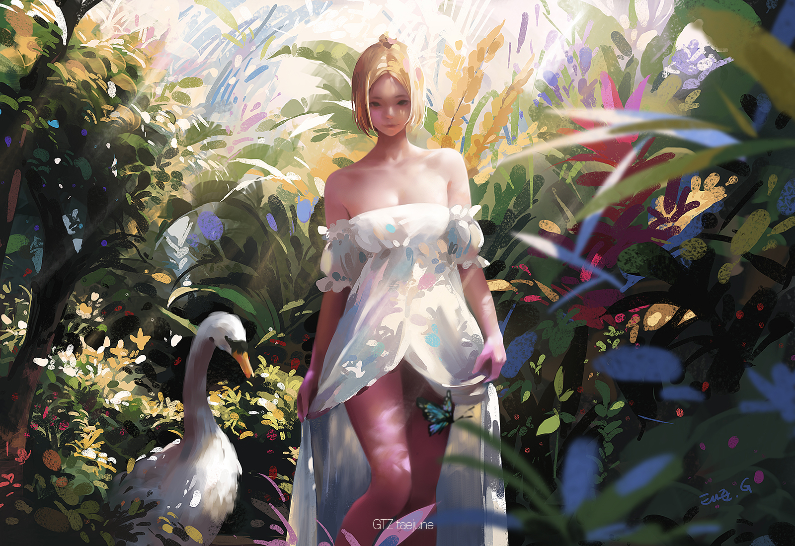Women Blonde Bare Shoulders Dress White Dress Swan Birds Nature Environment Bokeh Butterfly Sun Rays 1600x1099