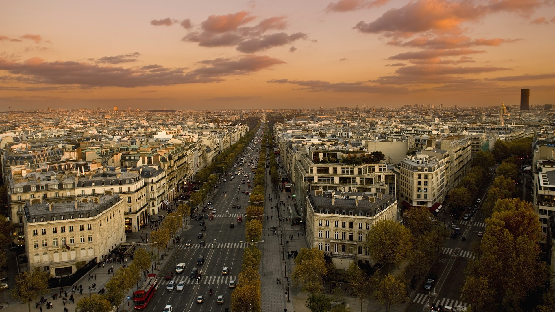 Champs Elysees Paris France City Cityscape Road Car Sunset Trees Building Clouds 1920x1080