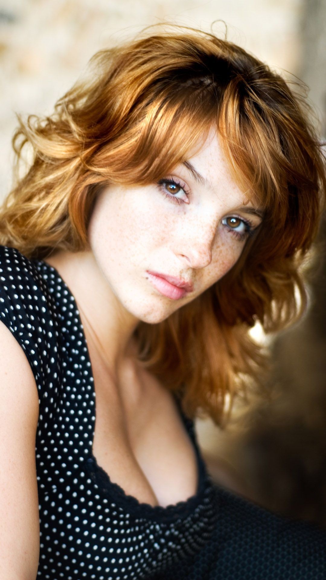 Women Actress Redhead Long Hair Vica Kerekes Brown Eyes Freckles Face Portrait Dress Polka Dots 1080x1920