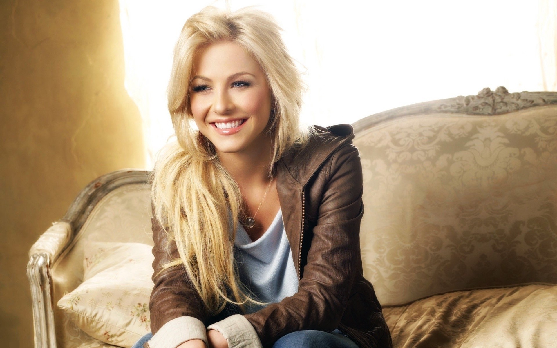 Women Wavy Hair Julianne Hough Leather Jackets Jacket Actress Sitting Blonde Smiling Open Mouth Blue 1920x1200