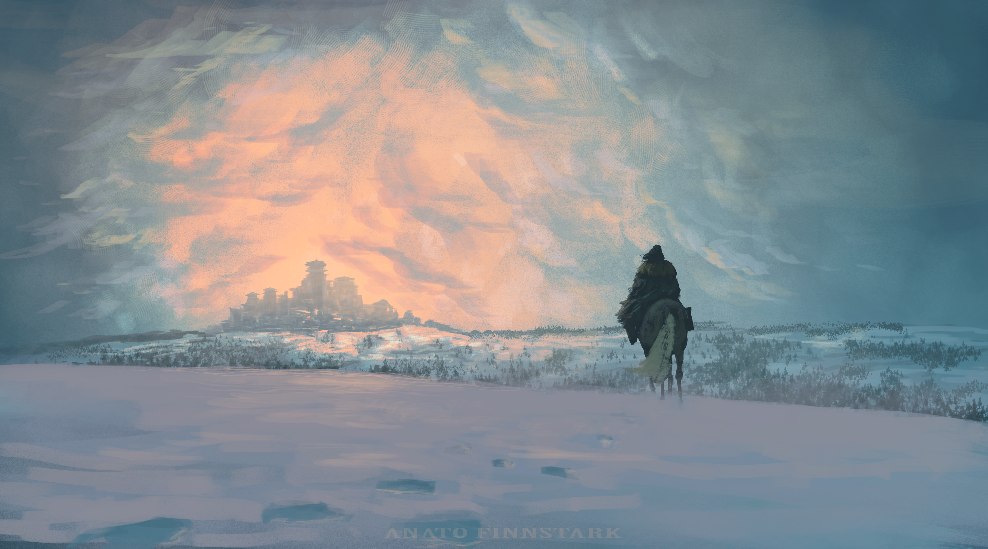 Arya Stark Game Of Thrones Winterfell Coats Horse Snow Clouds Series Winter Environment Fan Art Artw 3284x1826