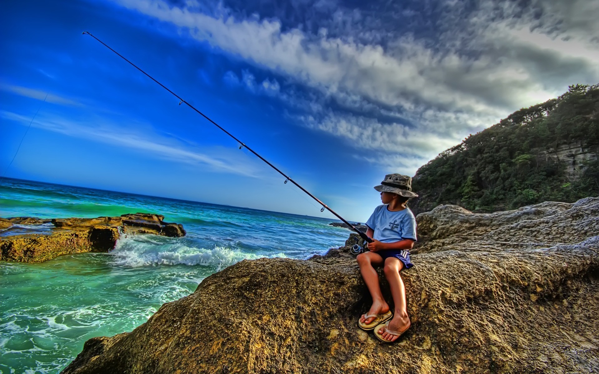 Fishing HDR People Boy Child Fisherman Ocean Sea Rock 1920x1200