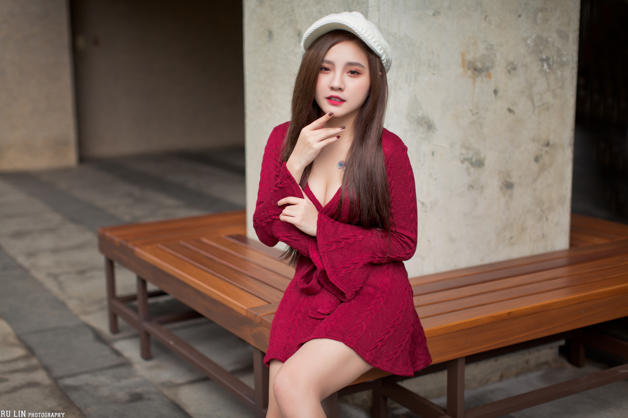 Albee Women Model Asian Brunette Long Hair Woolly Hat Dress Red Dress Knit Fabric Red Lipstick Portr 2048x1365