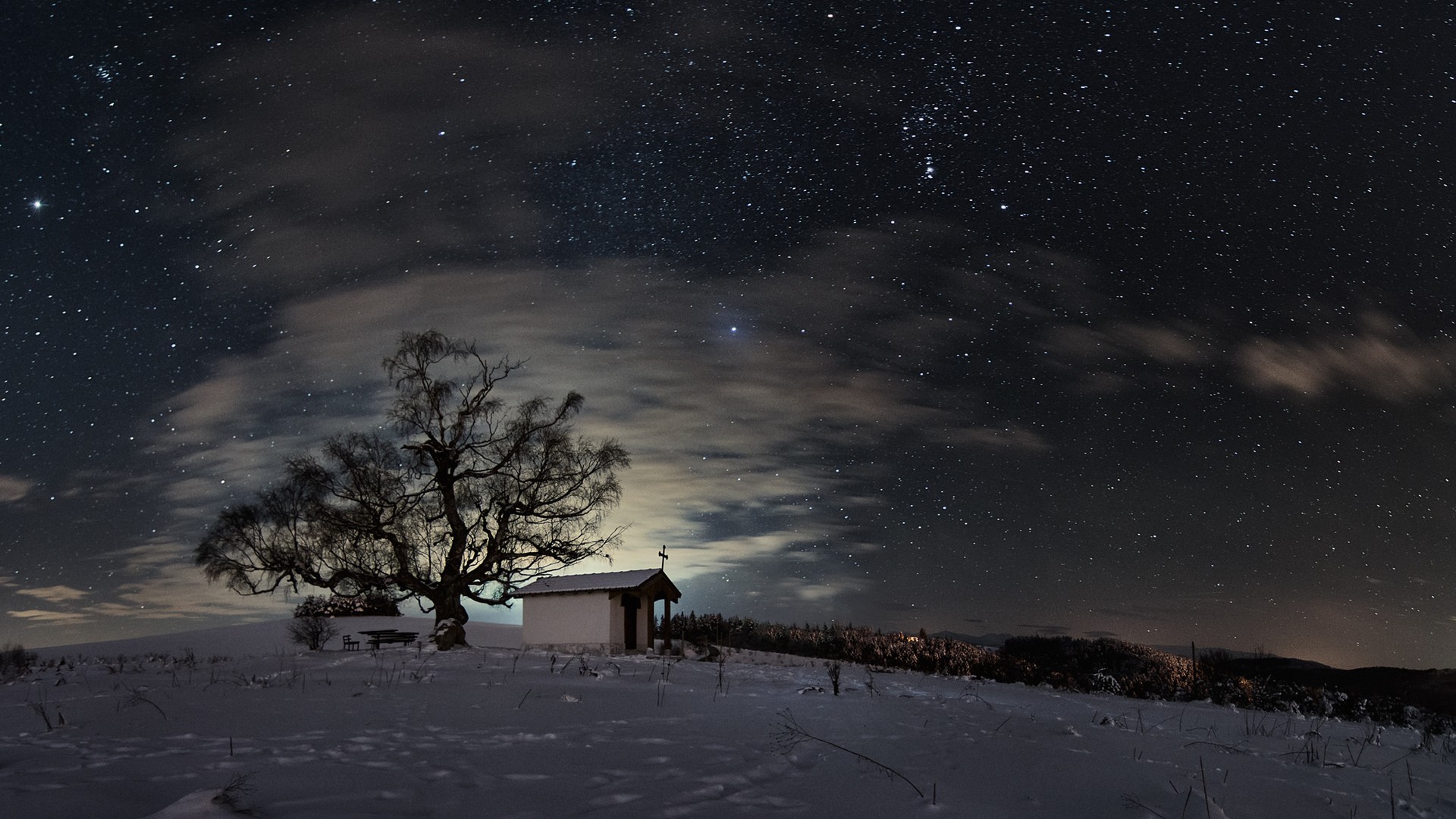 Nature Trees Forest Branch Landscape Winter Snow Clouds Night Sky Stars Church Cross Lights Hills Fo 1920x1080