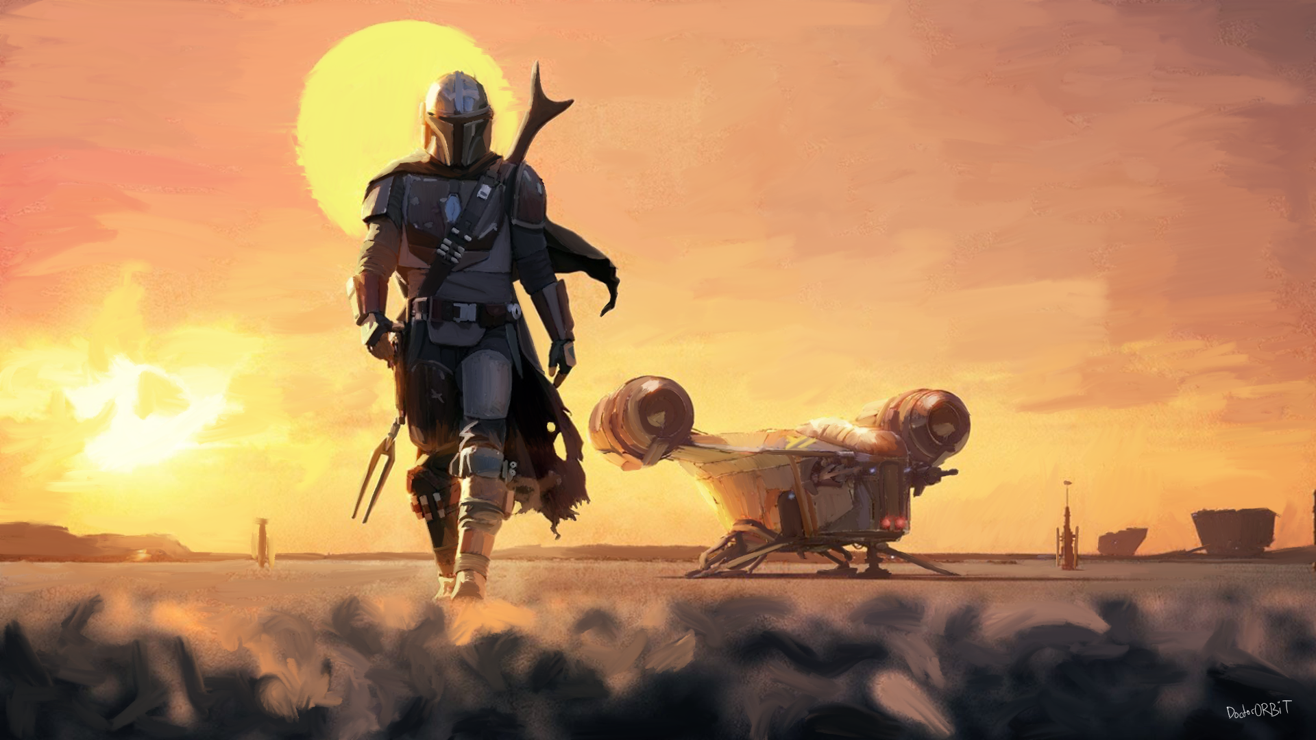 The Mandalorian Star Wars Spaceship Tatooine Desert Digital Art Artwork Tv Series Science Fiction 1920x1080