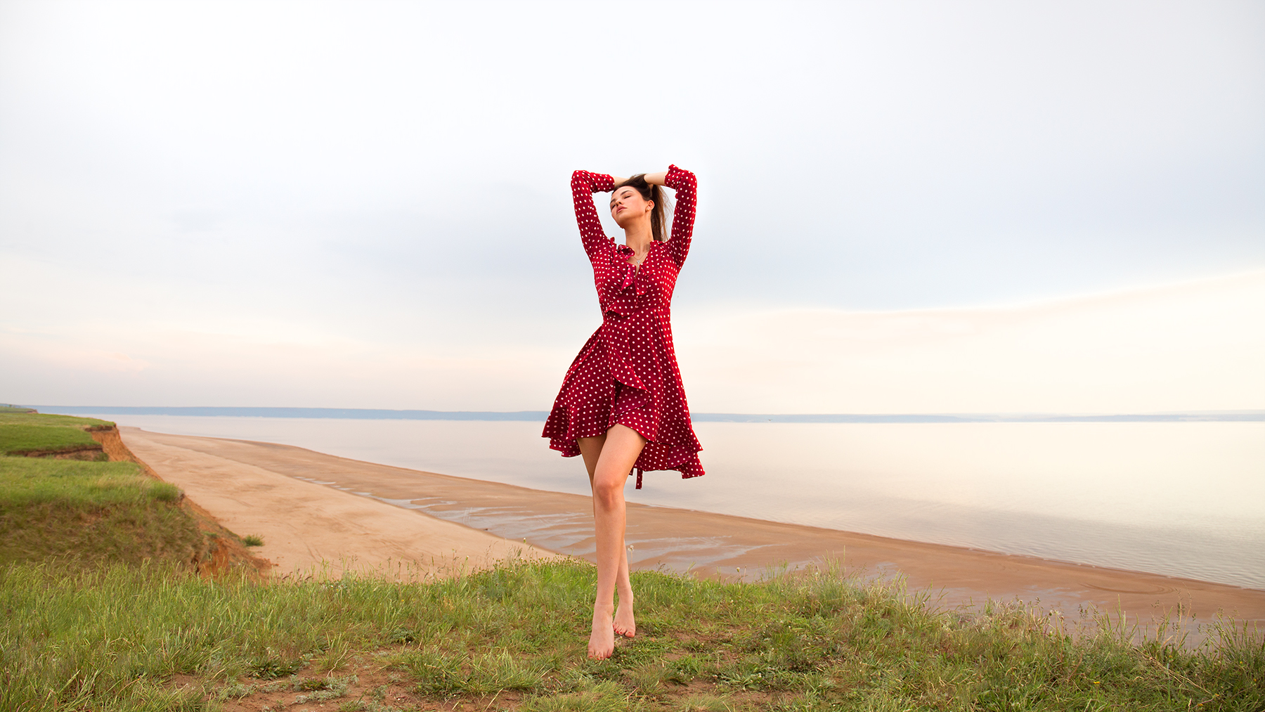 Women Model Brunette Long Hair Hands On Head Closed Eyes Dress Red Dress Barefoot Horizon Beach Sky  1800x1013