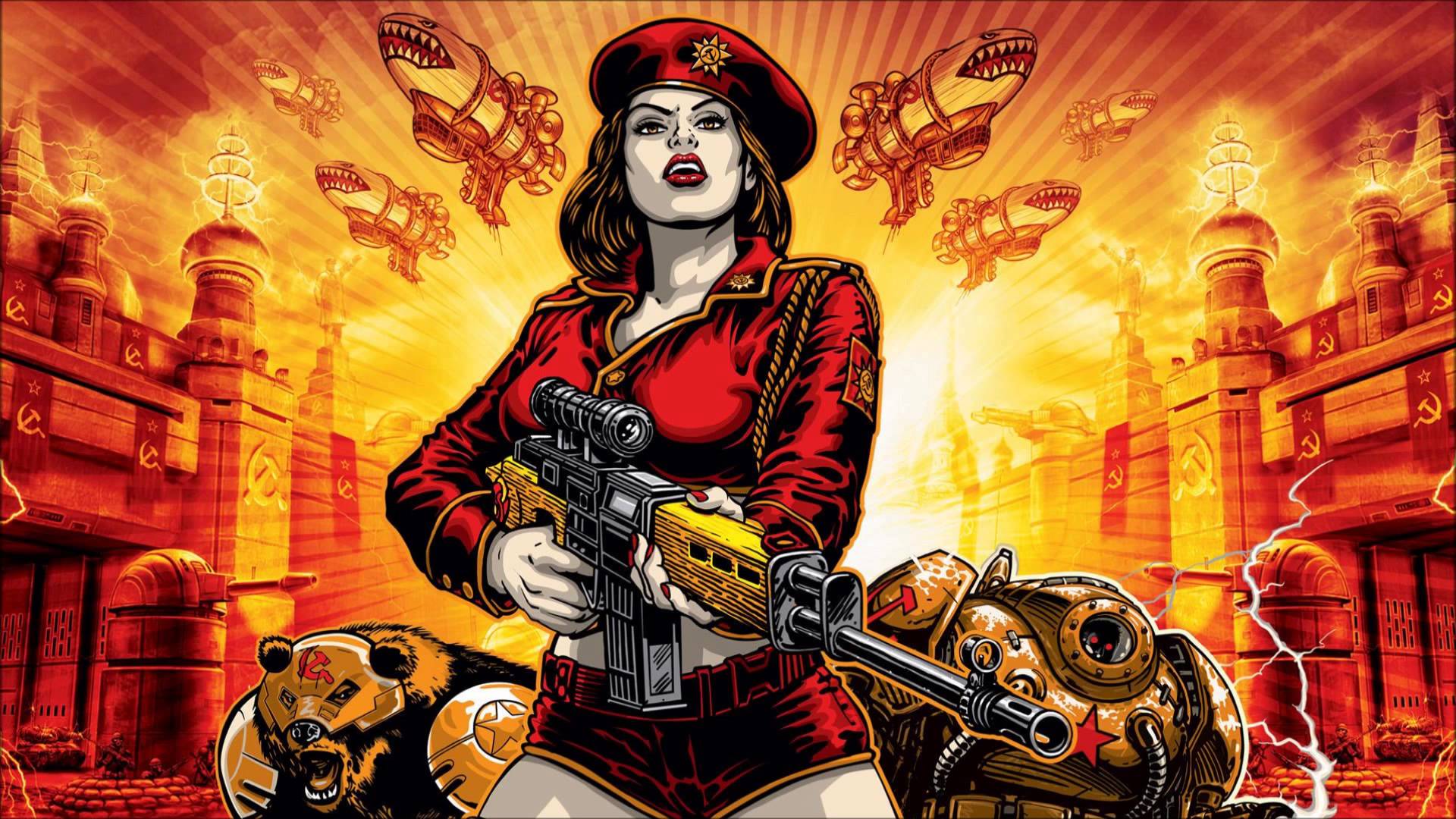 USSR Gun Hammer And Sickle Communism Command Conquer Red Alert 3 Women Bears Frontal View 1920x1080