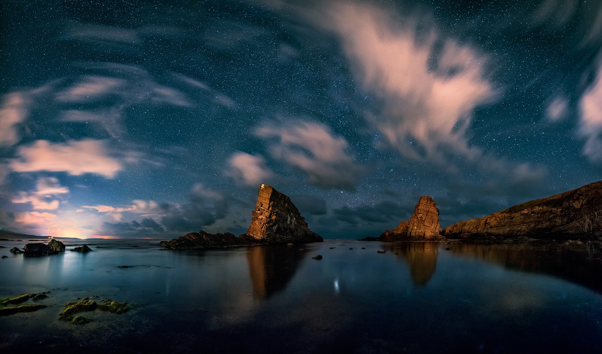 Landscape Nature Starry Night Rock Sea Coast Clouds Calm Long Exposure Bulgaria 2000x1177