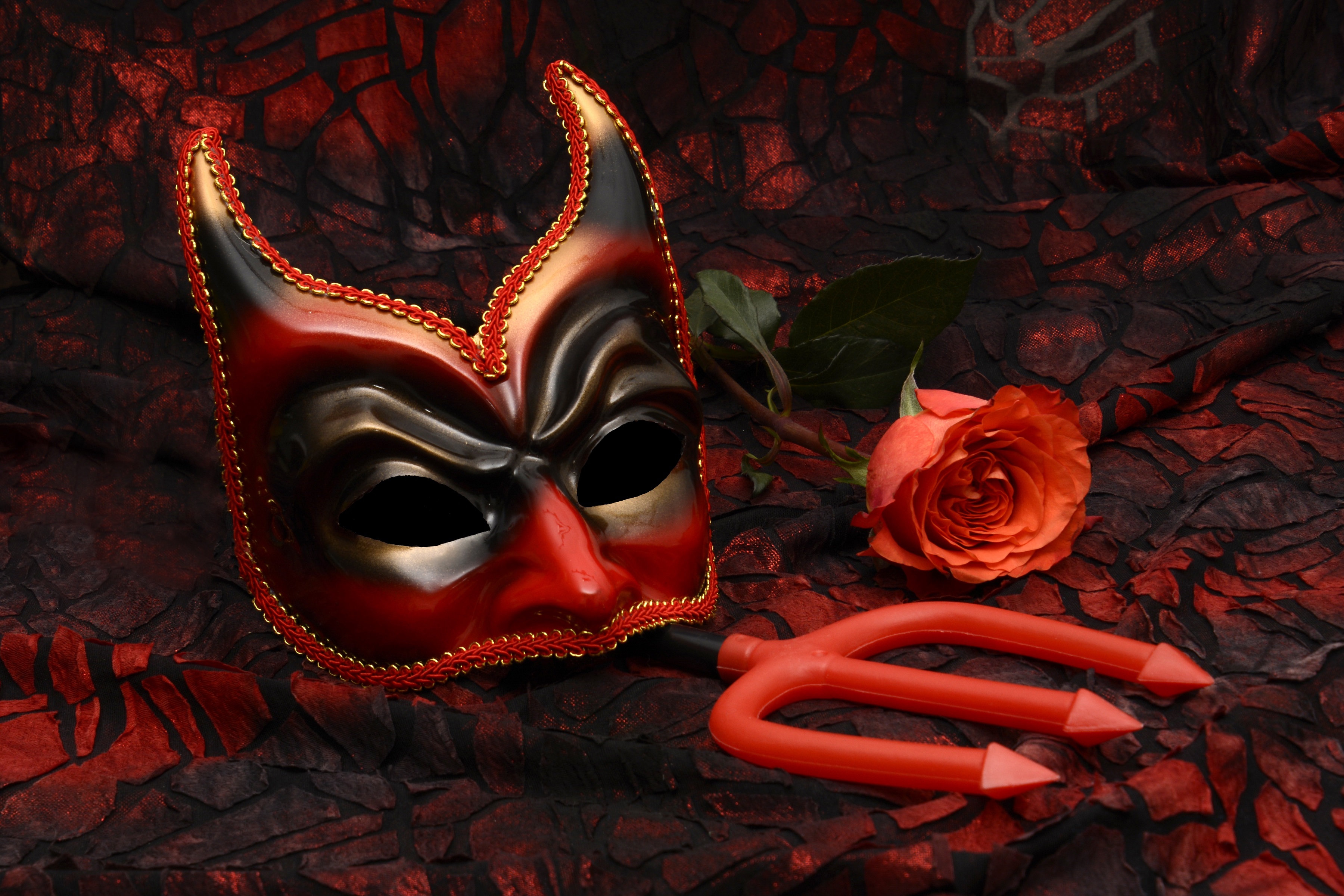 Mask Pitchfork Rose Flower Still Life Red 3600x2400
