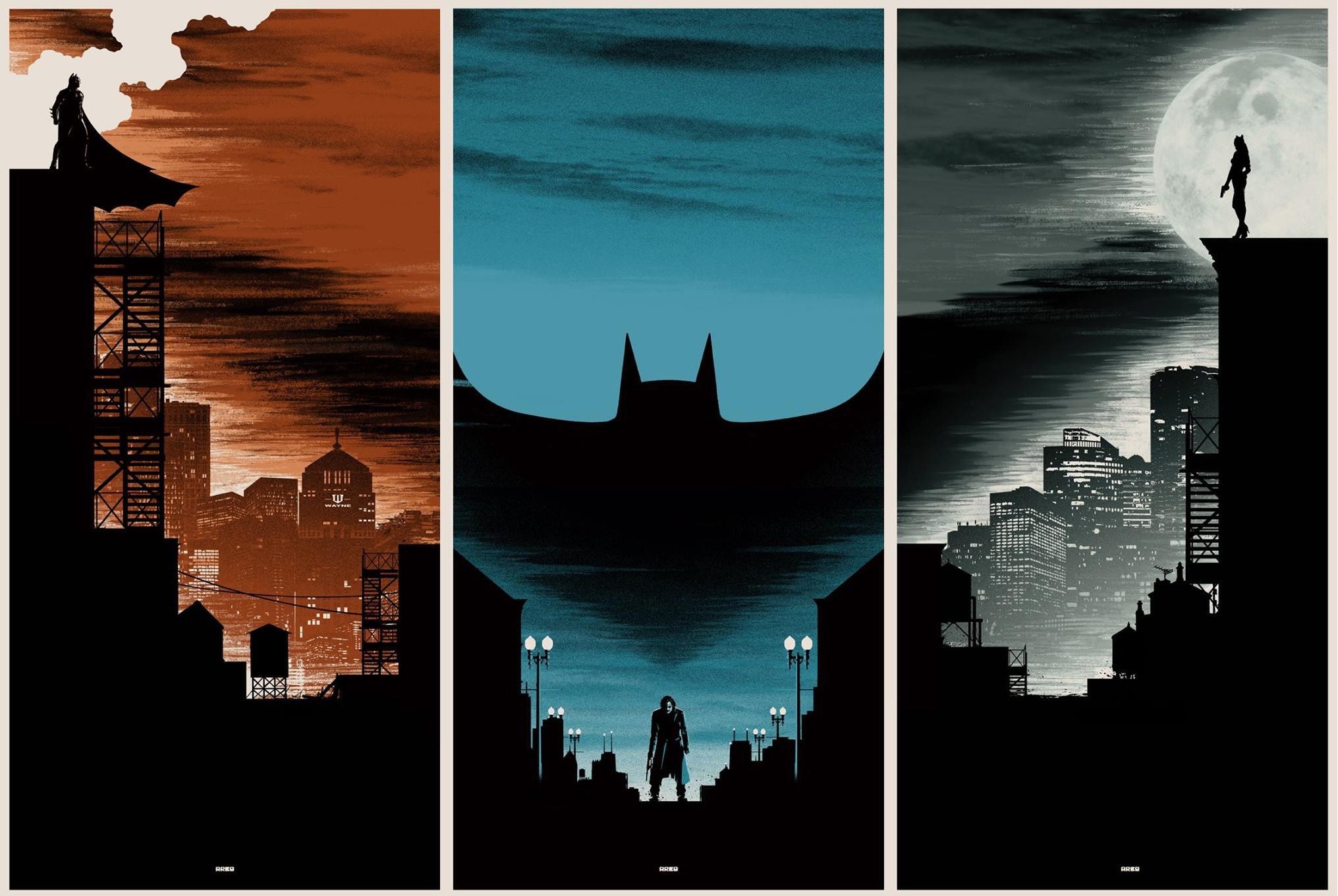 Batman The Dark Knight Batman Begins The Dark Knight Rises Catwoman Joker Triptych Matt Ferguson Col 2031x1360