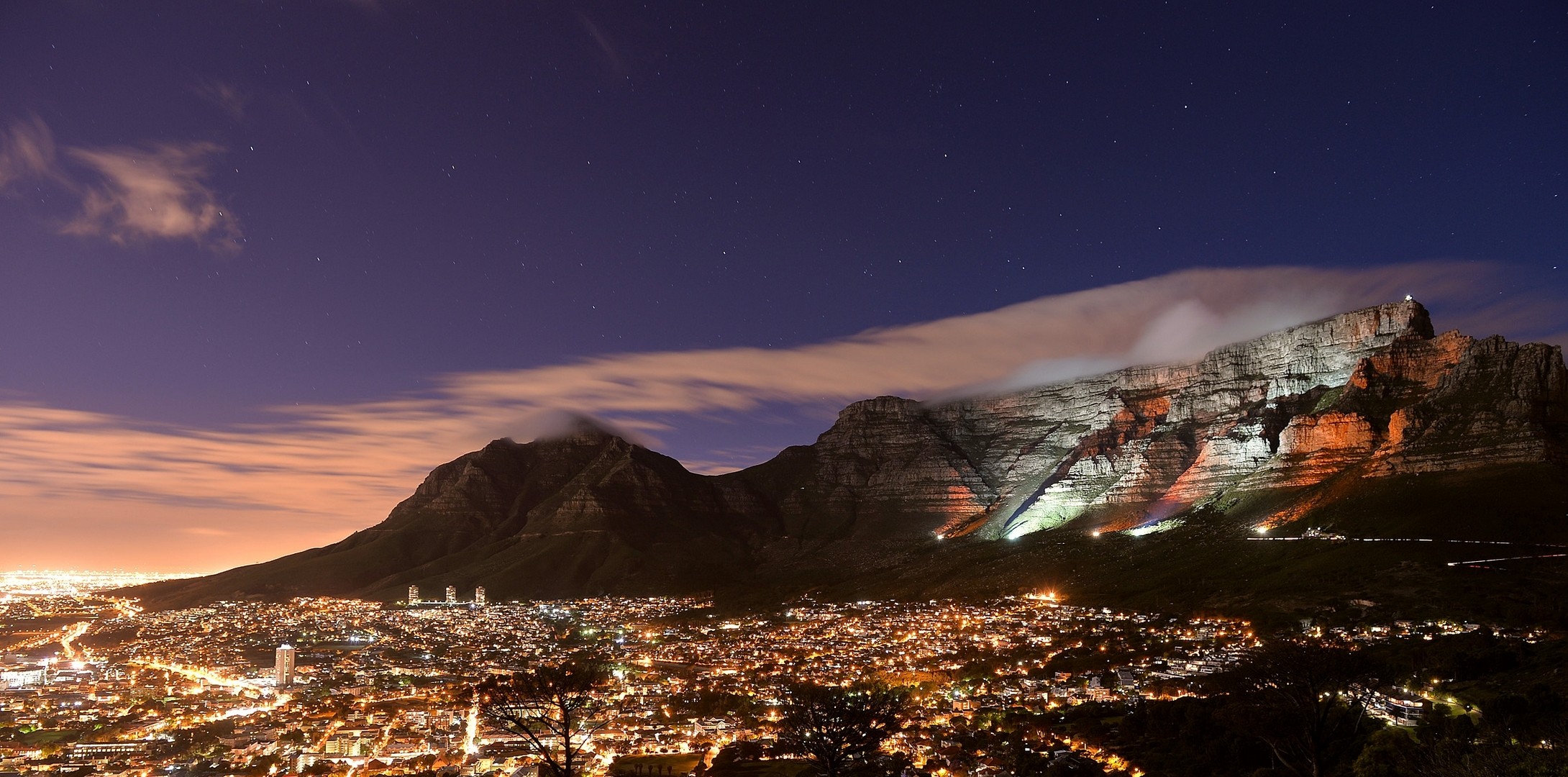 Mountains City Cape Town City Lights Cityscape Table Mountain Clouds Night Lights 2180x1080