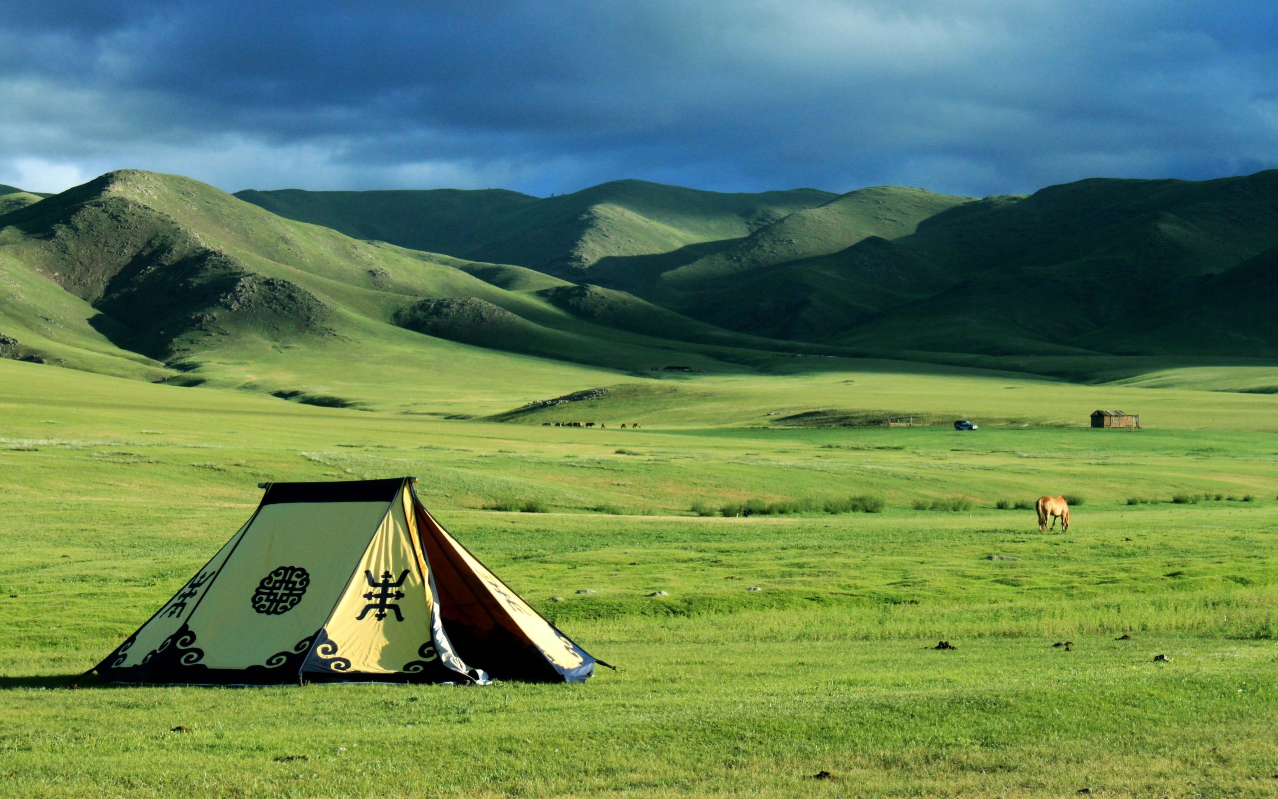 Nature Landscape Mongolia Tent Steppe Field Hills 2560x1600