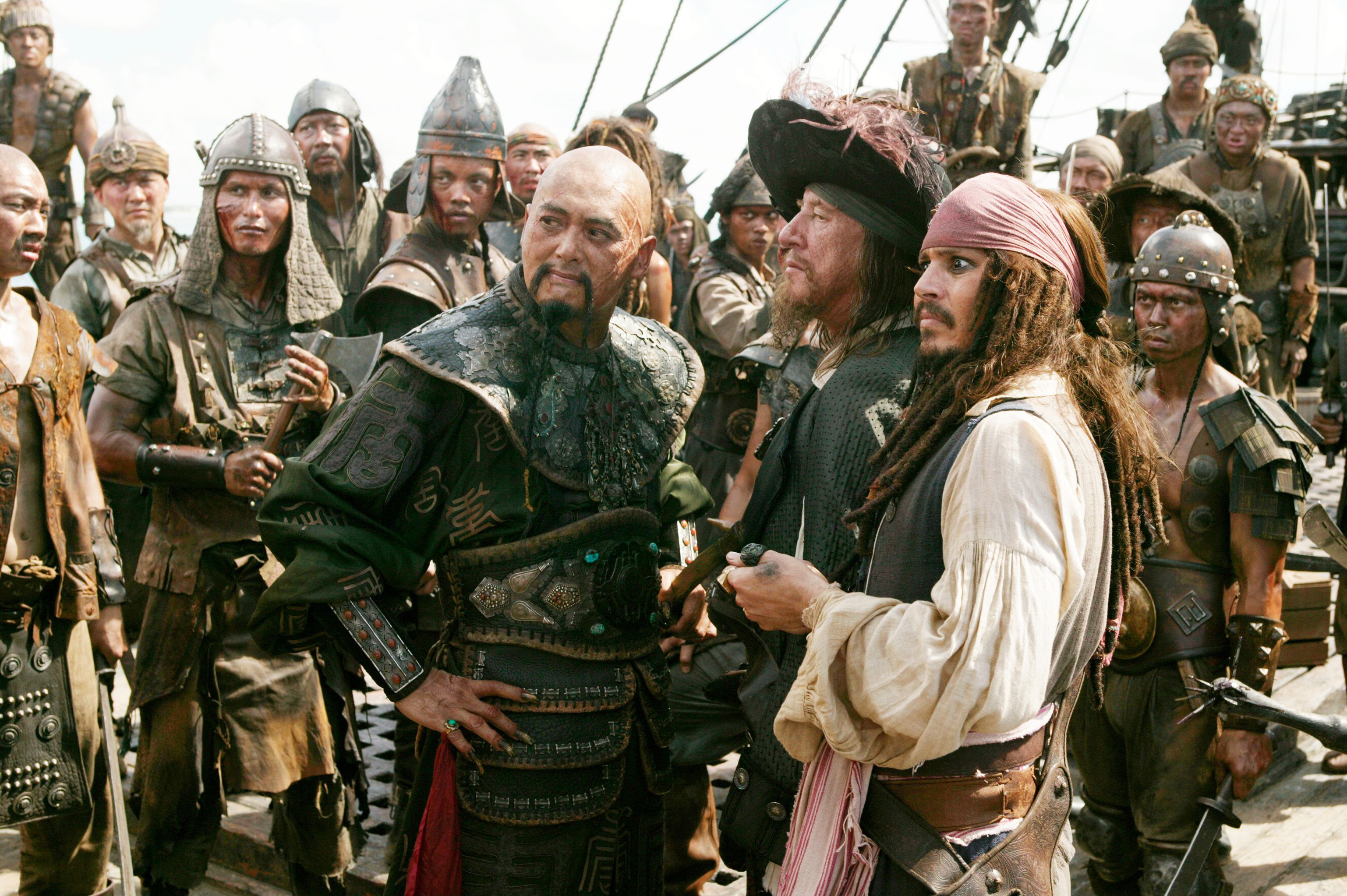 Johnny Depp Jack Sparrow Geoffrey Rush Hector Barbossa Captain Sao Feng Chow Yun Fat 3075x2046