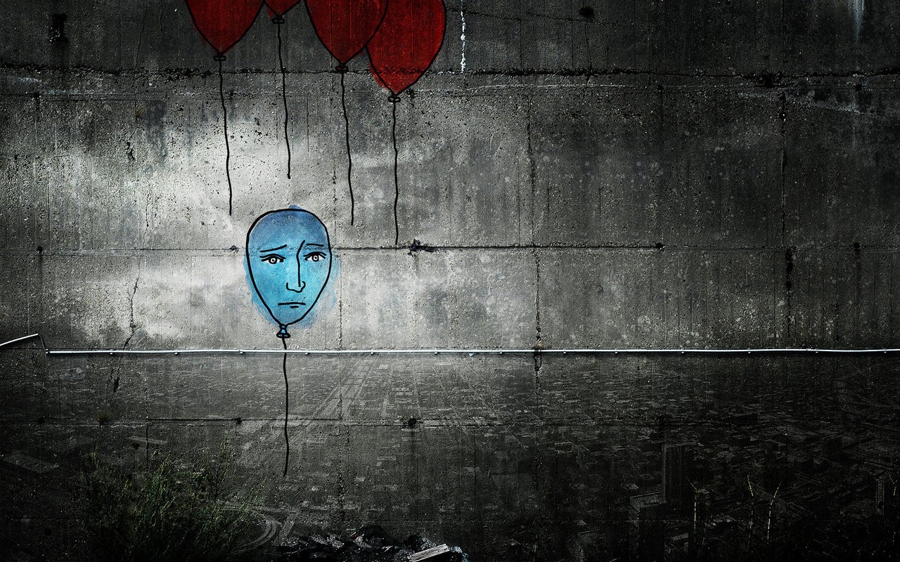 Alex Cherry Digital Art Artwork Sad Balloon Concrete Gray City Blue 1280x800